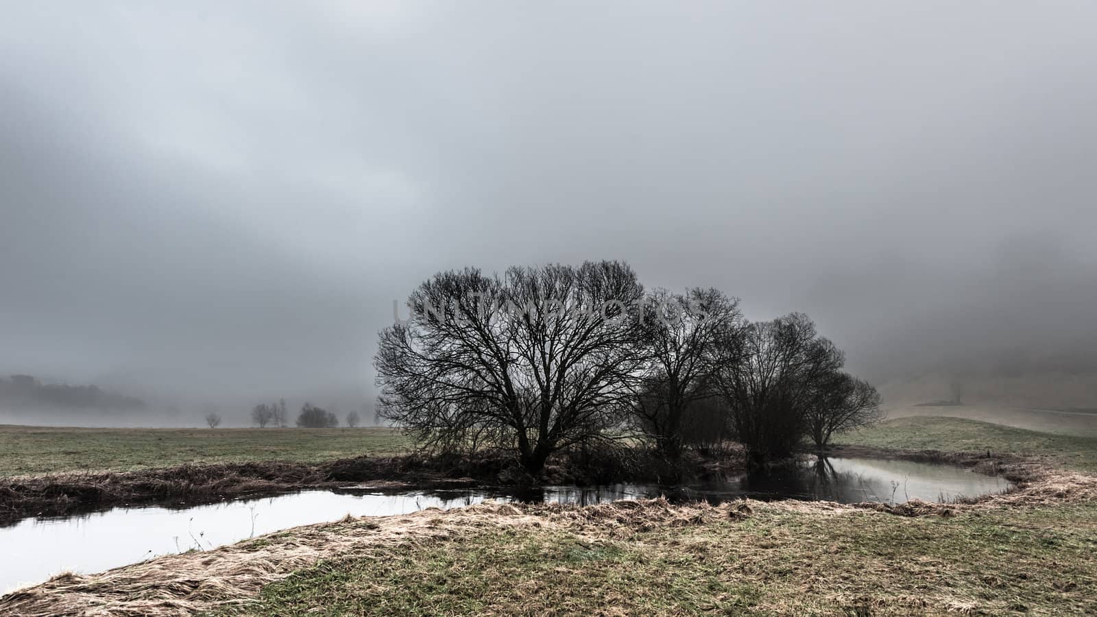 A river through Norwegian landscape in foggy weather