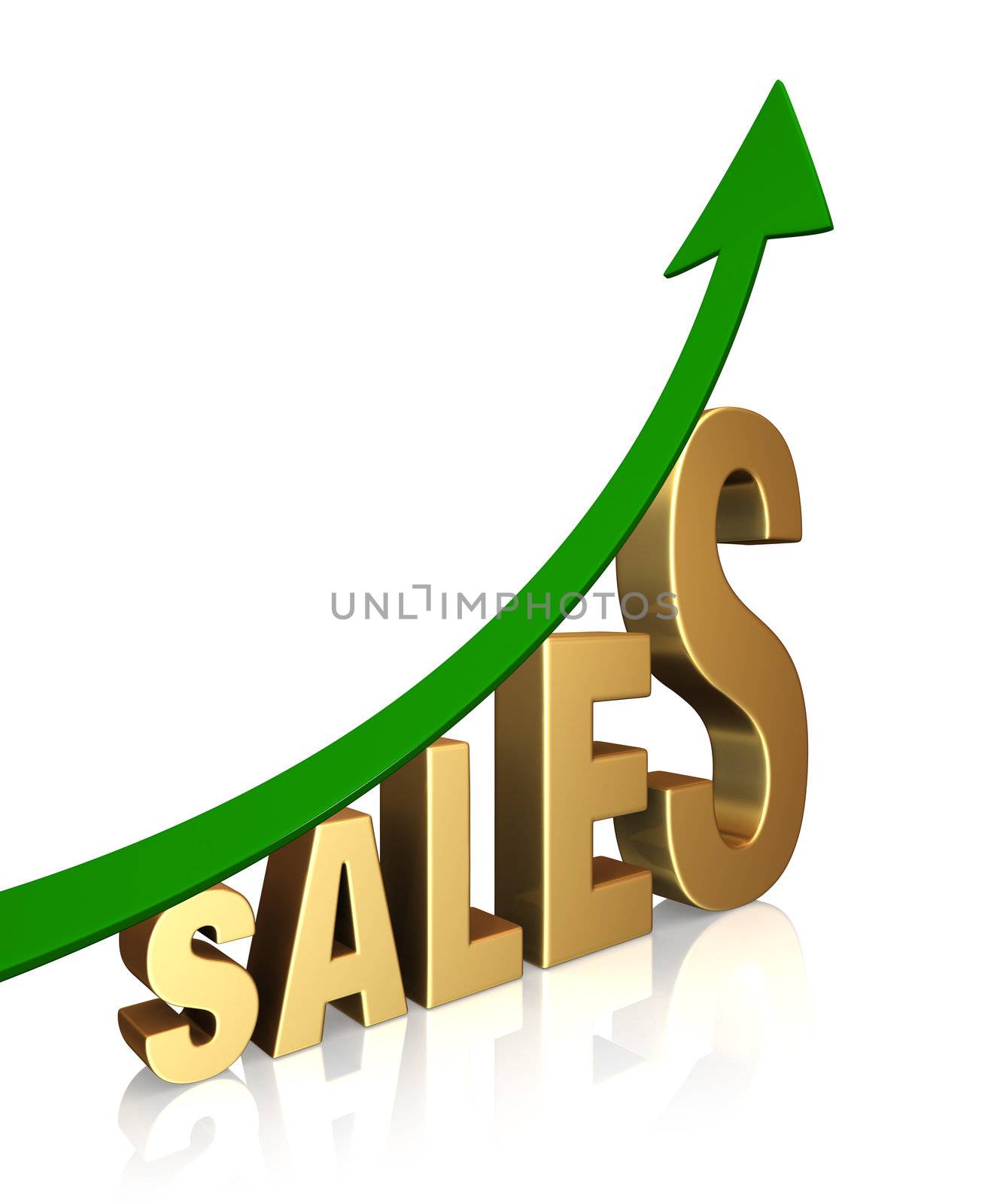 A dramatically upward trending green arrow above the word, "SALES". On white with shadow.