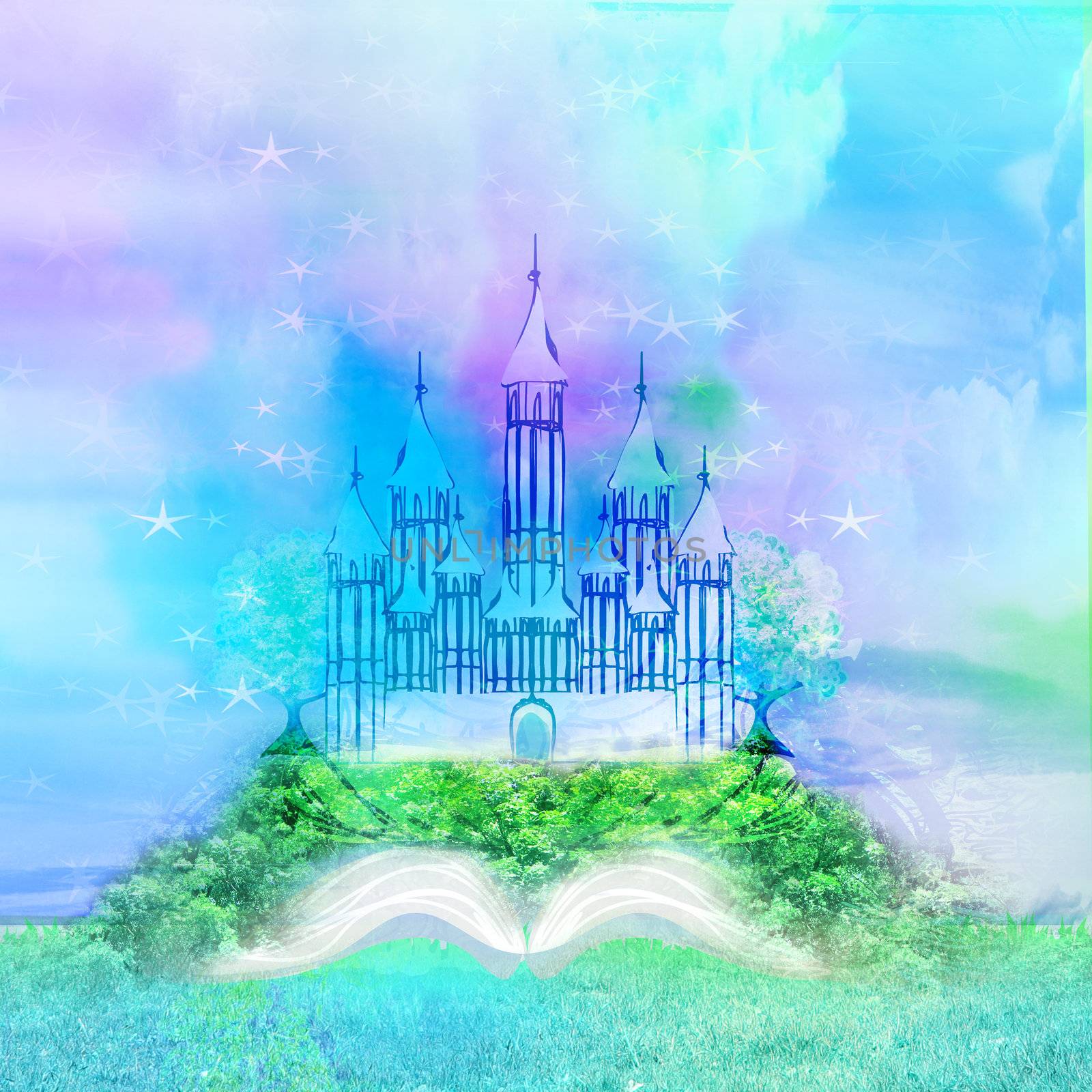 Magic world of tales, fairy castle appearing from the book