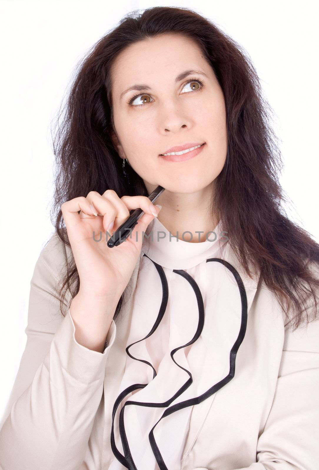Closeup portrait of a young woman with pen isolated on white