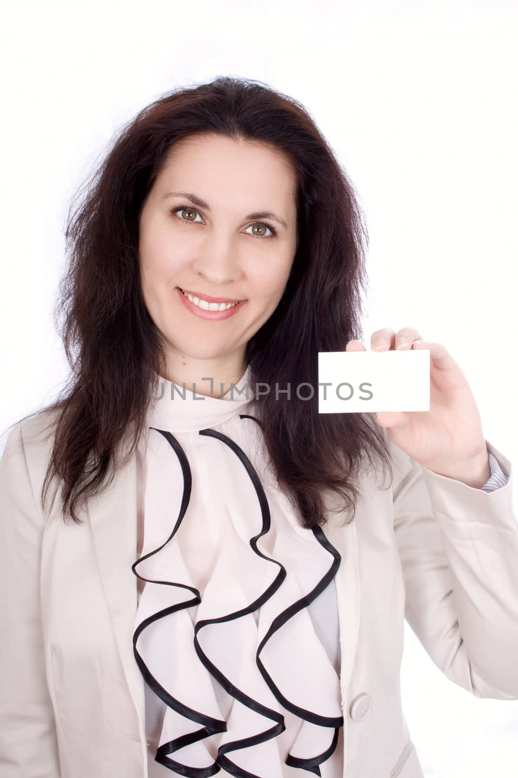 Self-confident business woman with business card