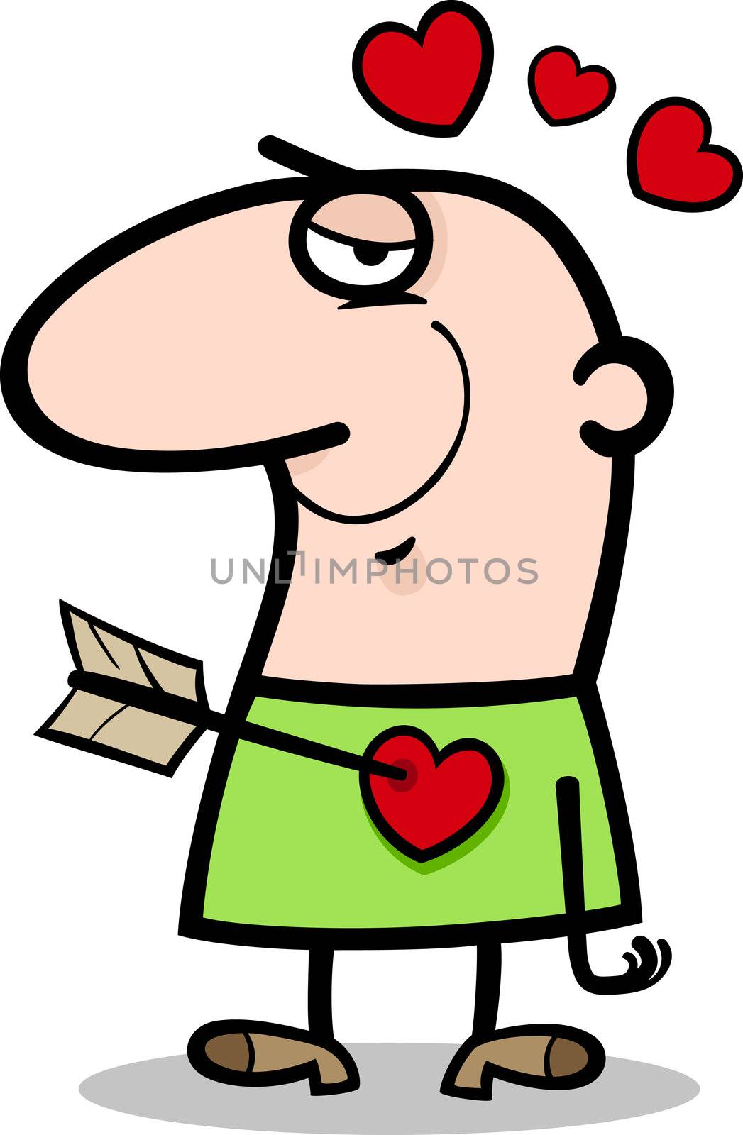 Cartoon St Valentines Illustration of Funny Man in Love with Cupid Arrow in his Heart