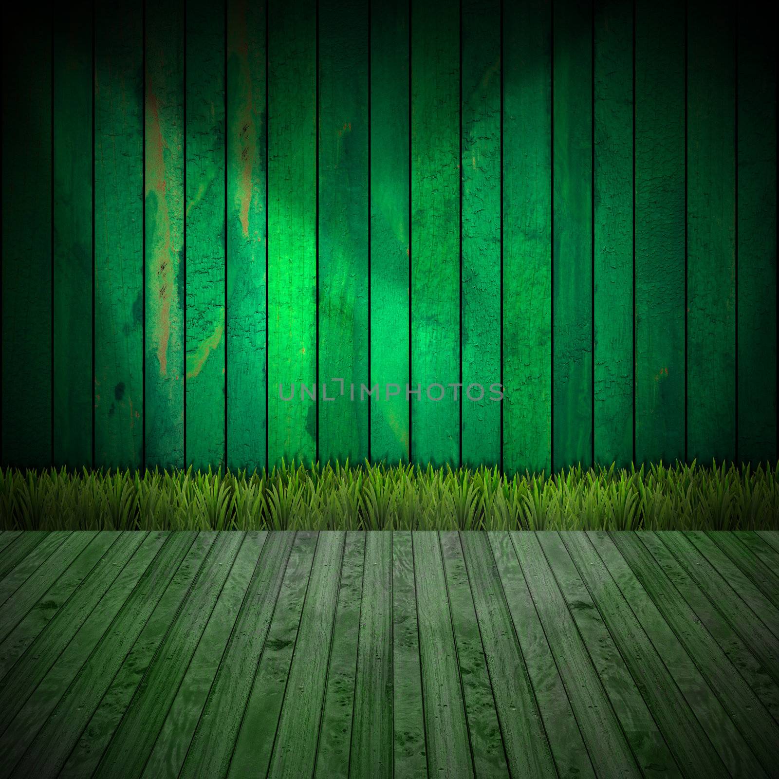 Green wooden grunge interior with green grass on wood floor