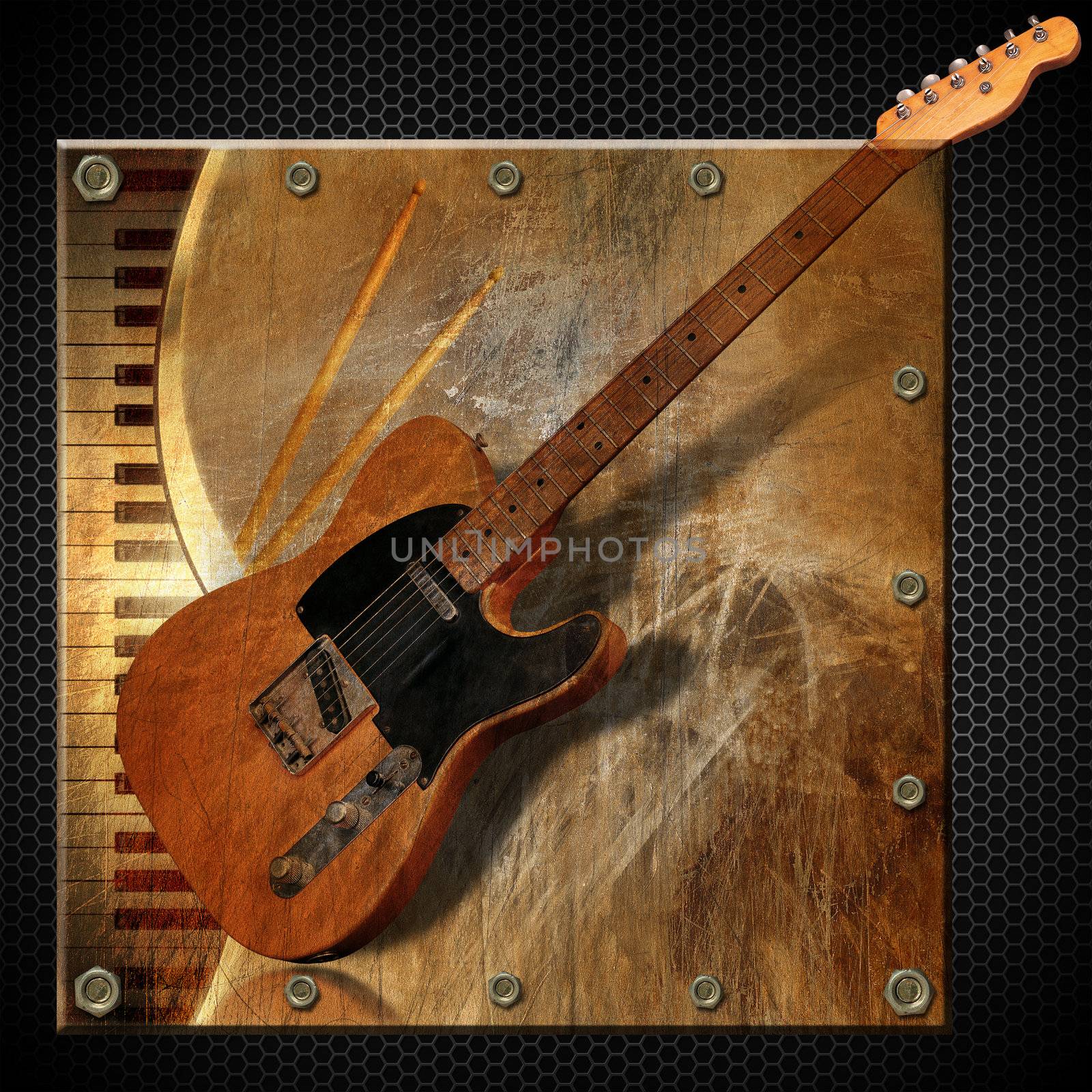 Grunge and brown musical background with piano, electric guitar and drum sticks
