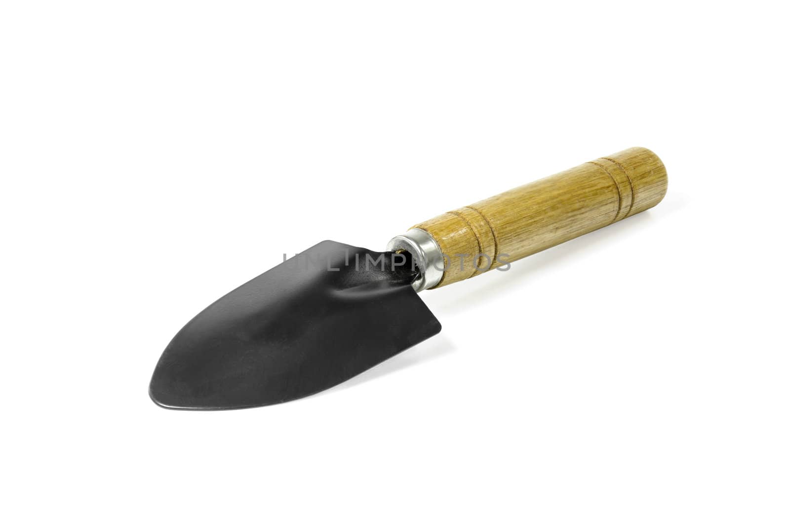 Steel shovel with a wooden handle on white background with clipping path