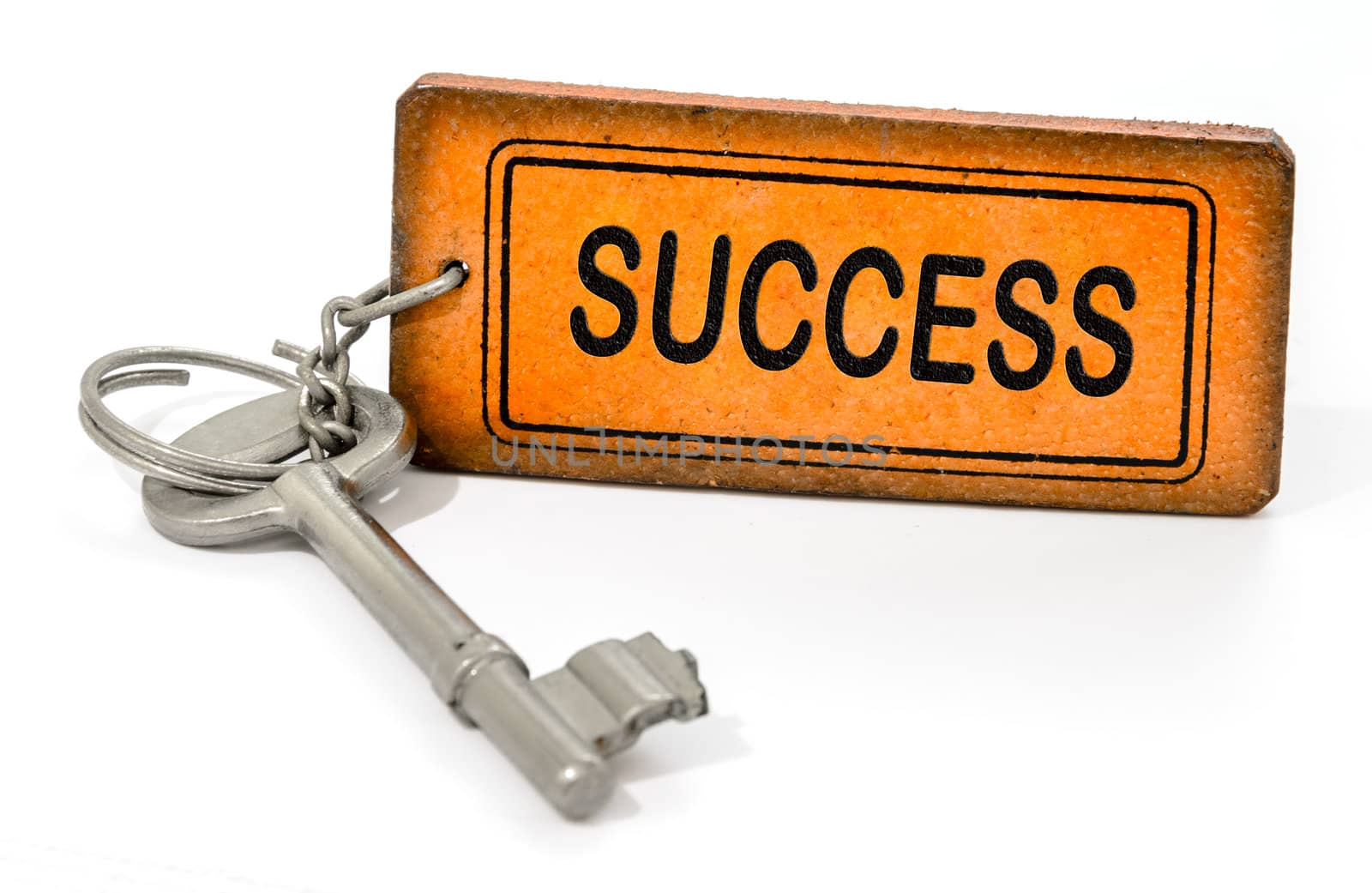 old key with success leather tag isolated white