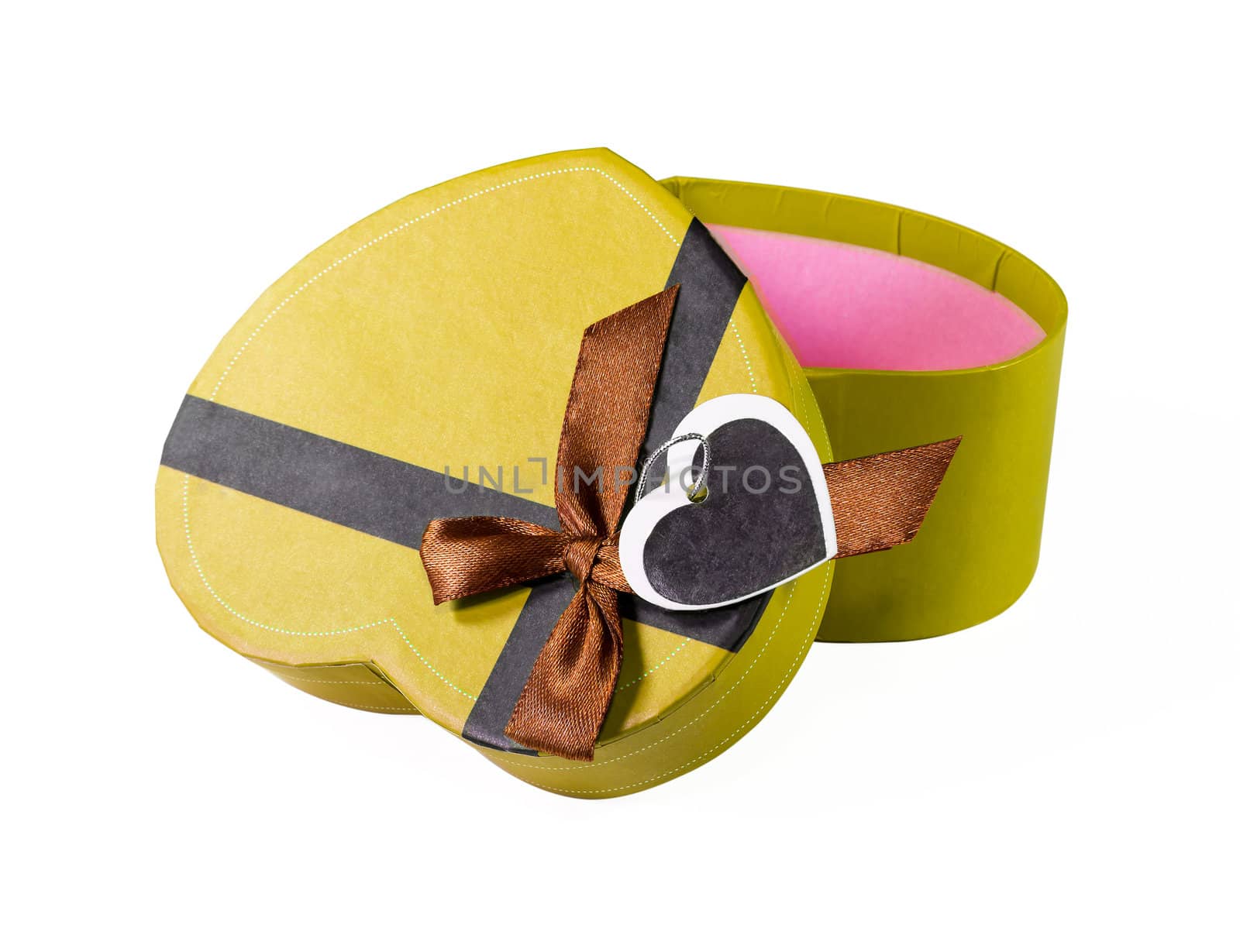 Yellow Heart-shaped box in heart shape on white background