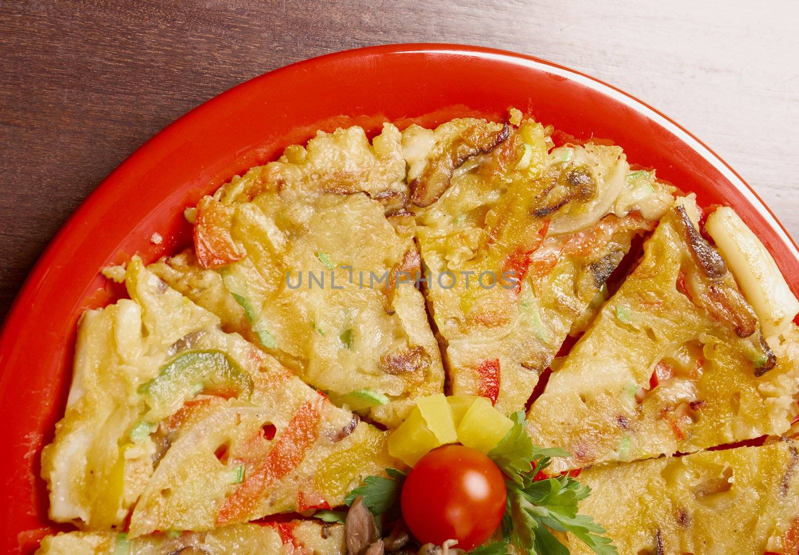 Japanese food close-up Okonomiyaki.(Japanese pizza)