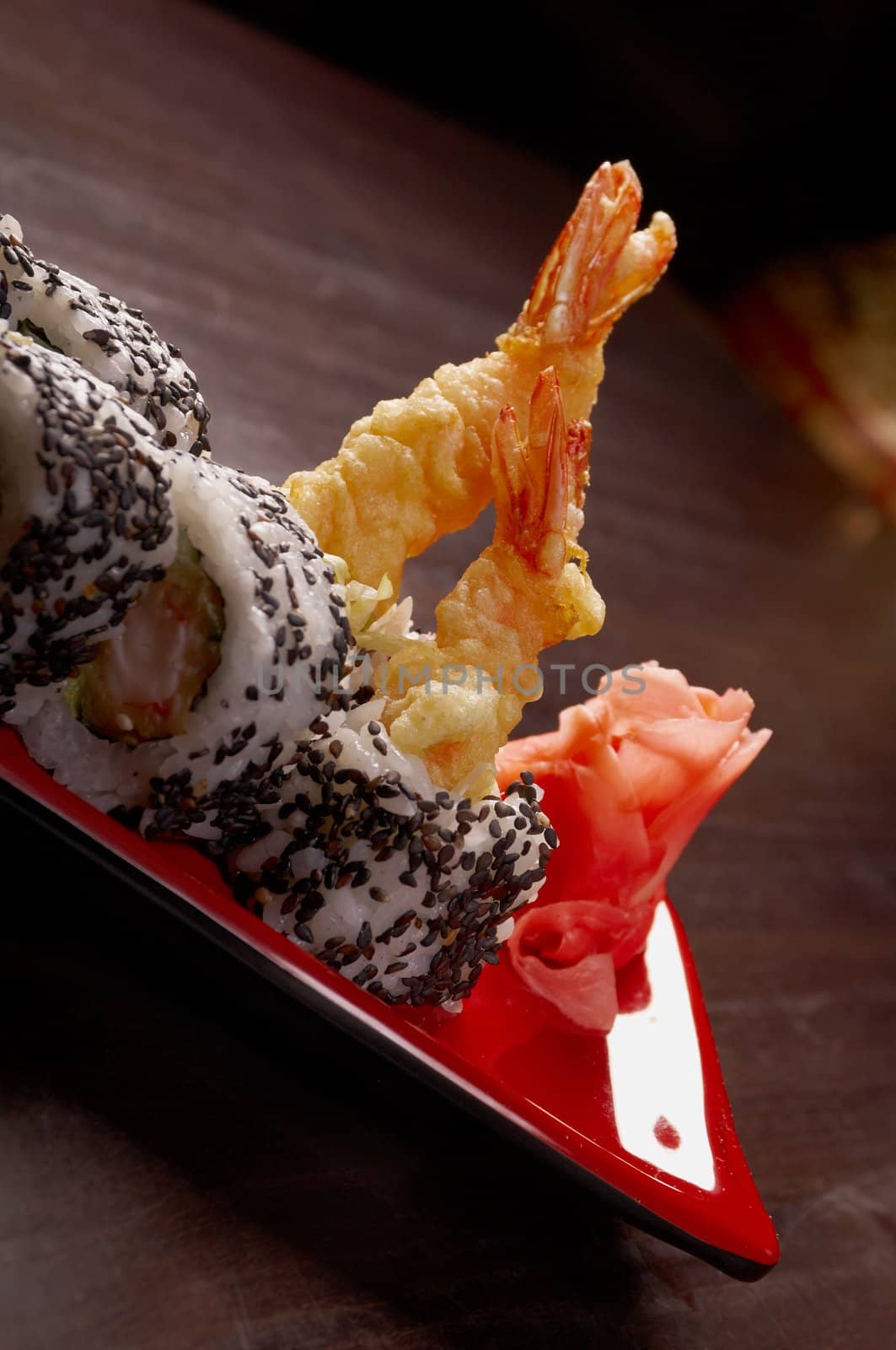 Japanese sushi  with prawn traditional japanese food.Roll made of salmon