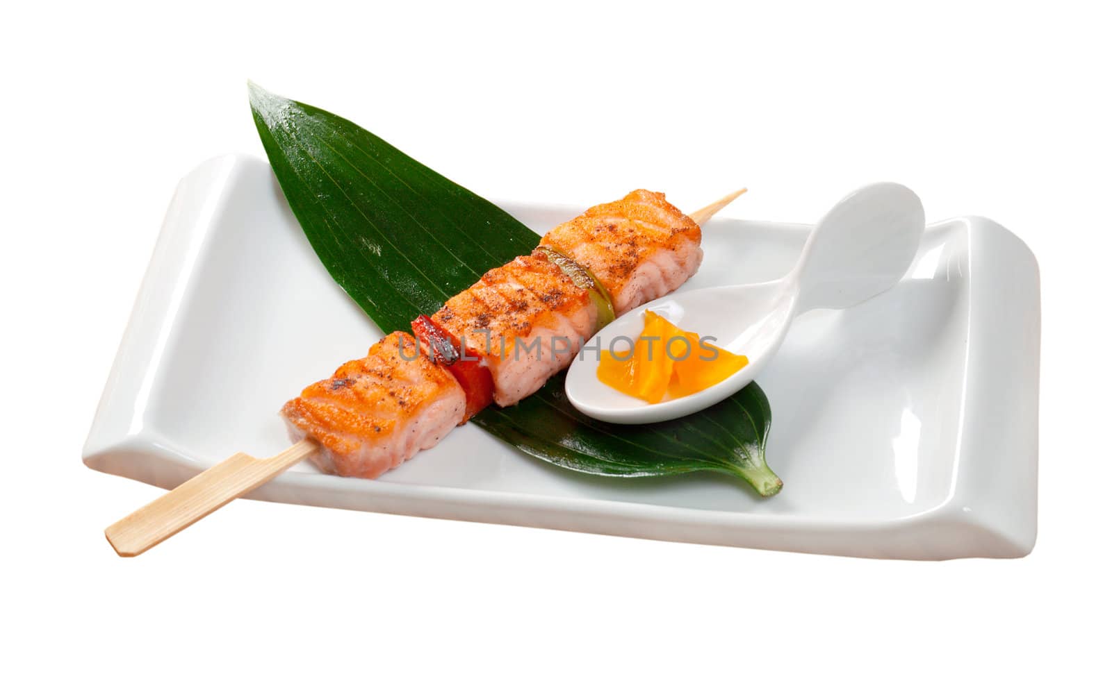 Japanese skewered salmon Yakitori  .closeup. isolated on white background. clipping Path