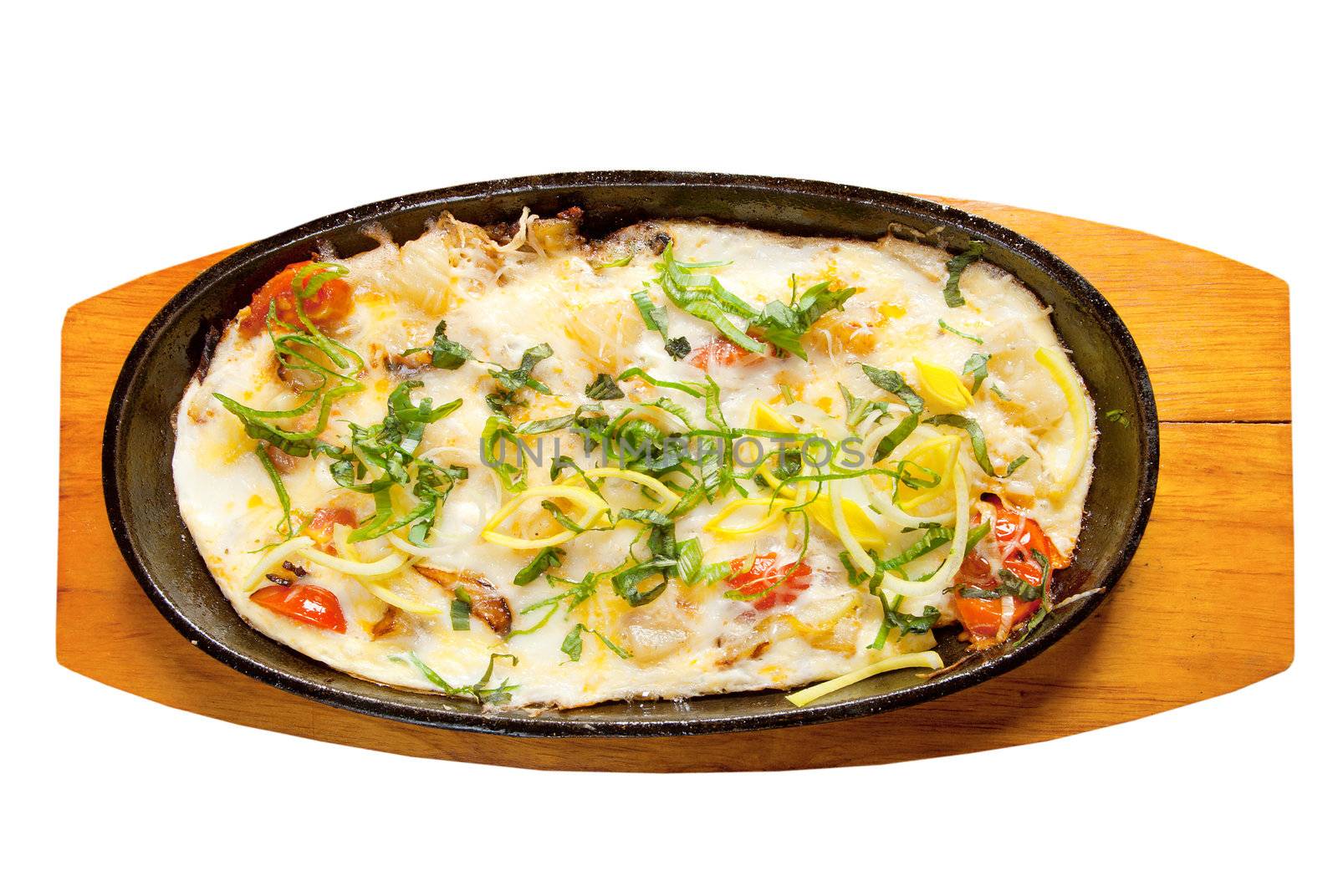 Italian cuisine.Fried eggs with vegetables and spring onions. isolated on white background. clipping Path