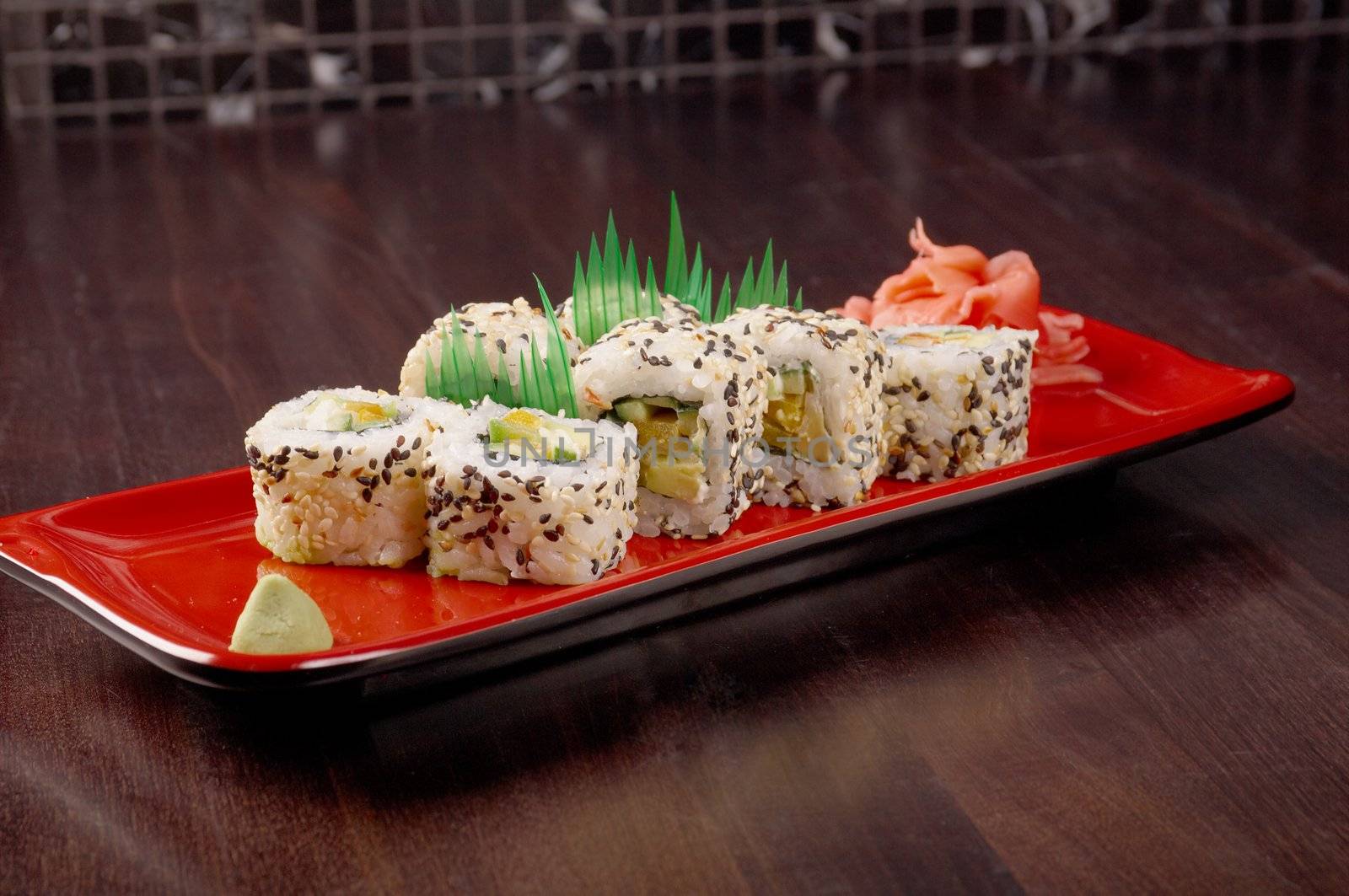 Japanese sushi  traditional japanese food.Roll made of Smoked fish