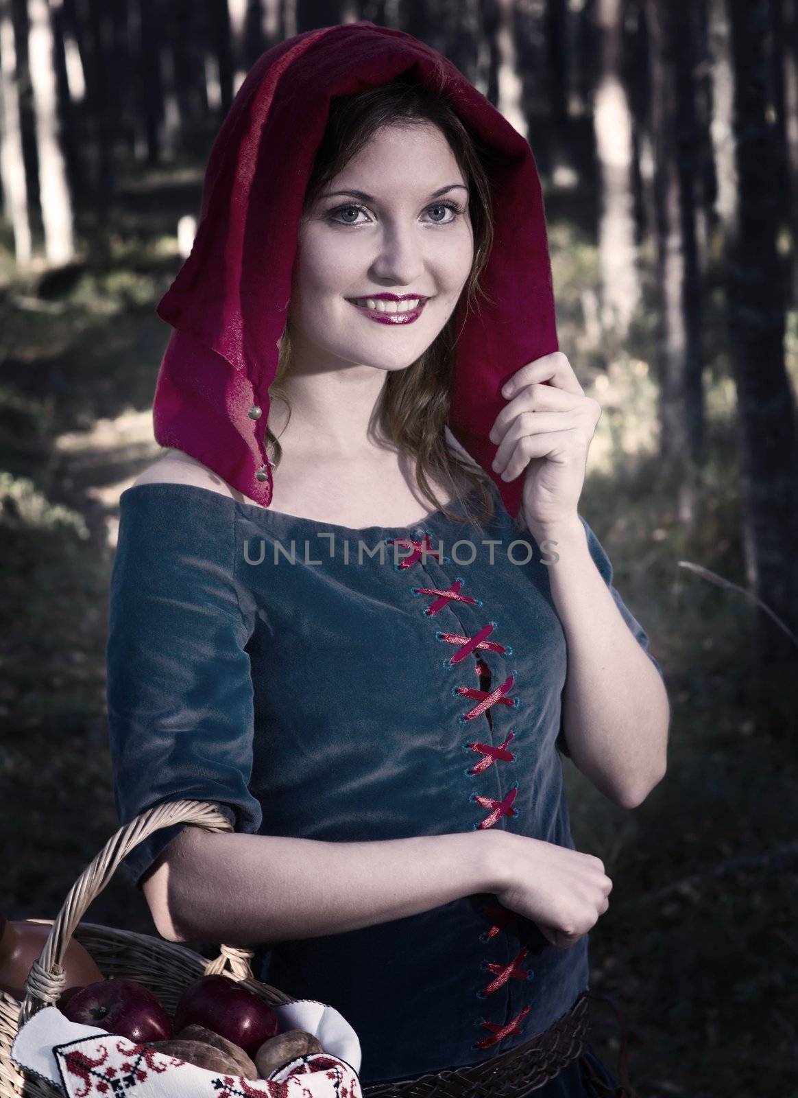 red Riding  hood standing in a wood . beautiful girl in medieval dress