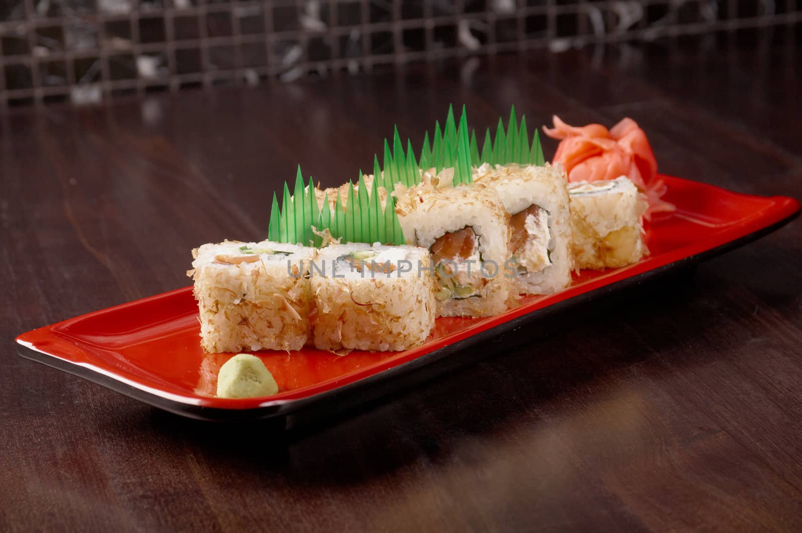 
Japanese sushi  traditional japanese food.Roll made of Smoked fish