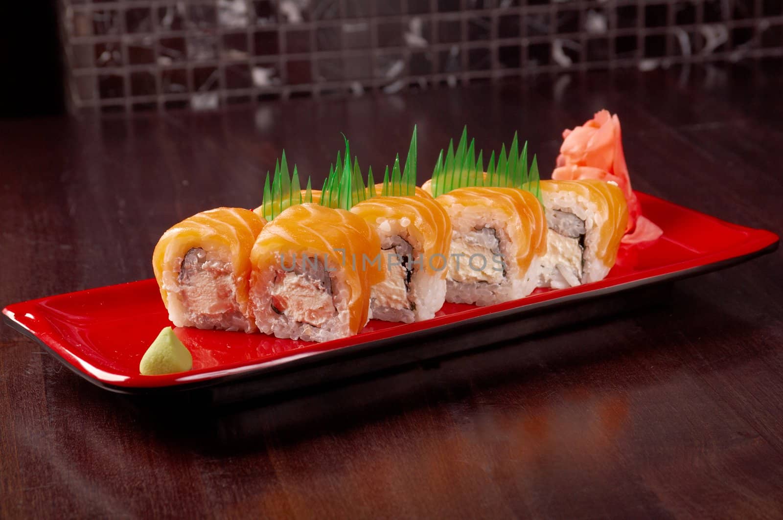 Japanese sushi  traditional japanese food.Roll made of salmon