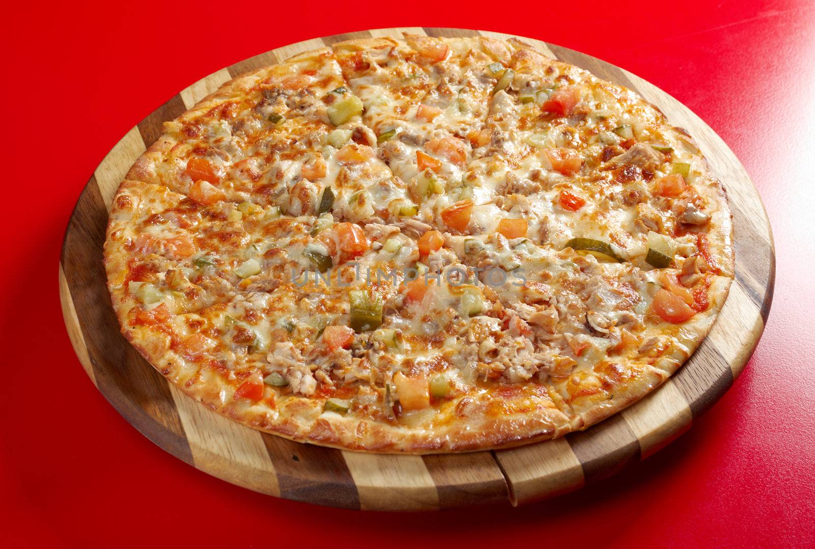 Pizza with smoked hen. italian kitchen. Studio