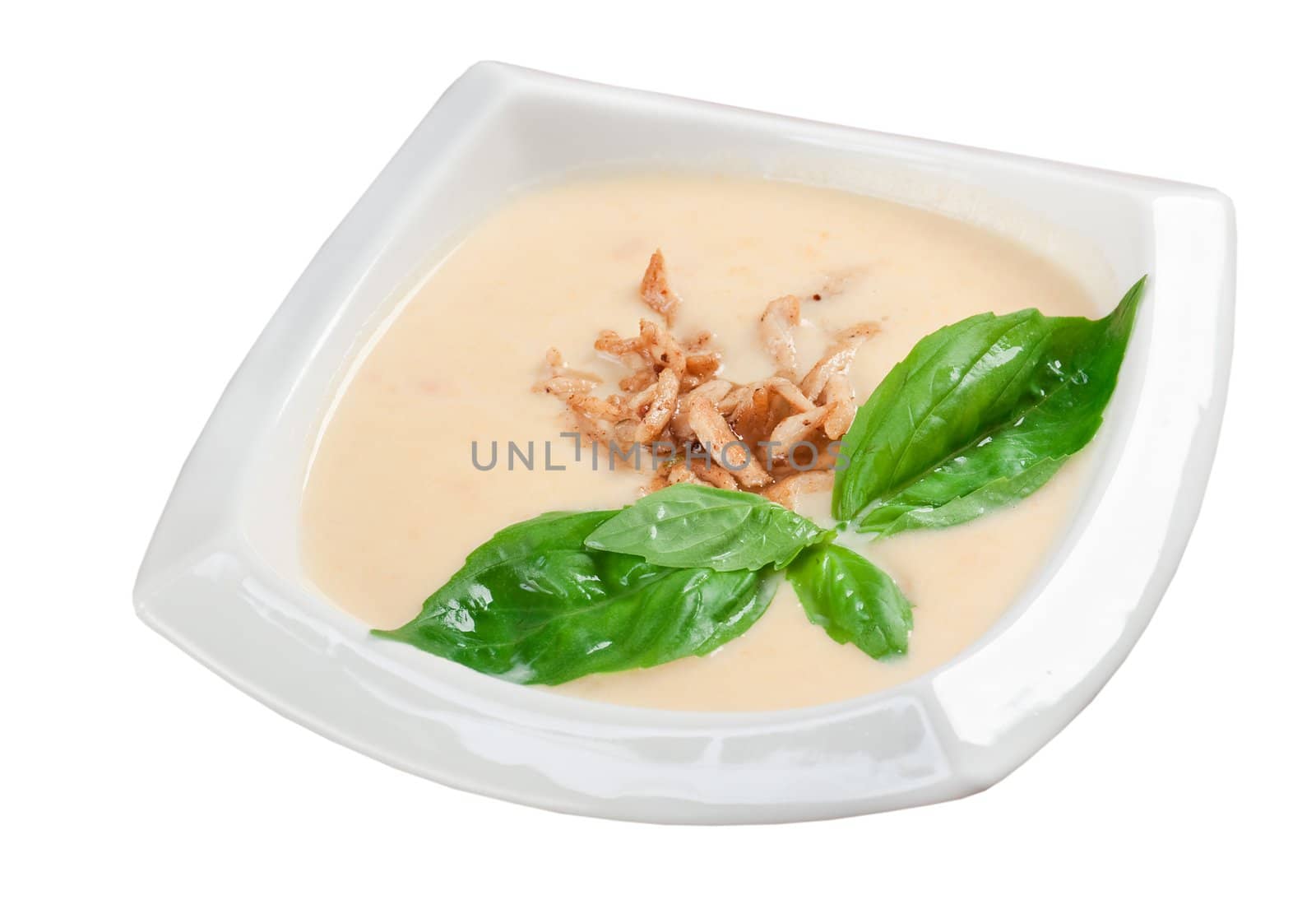 Italian cuisine.vegetable cream soup with smoked meat 