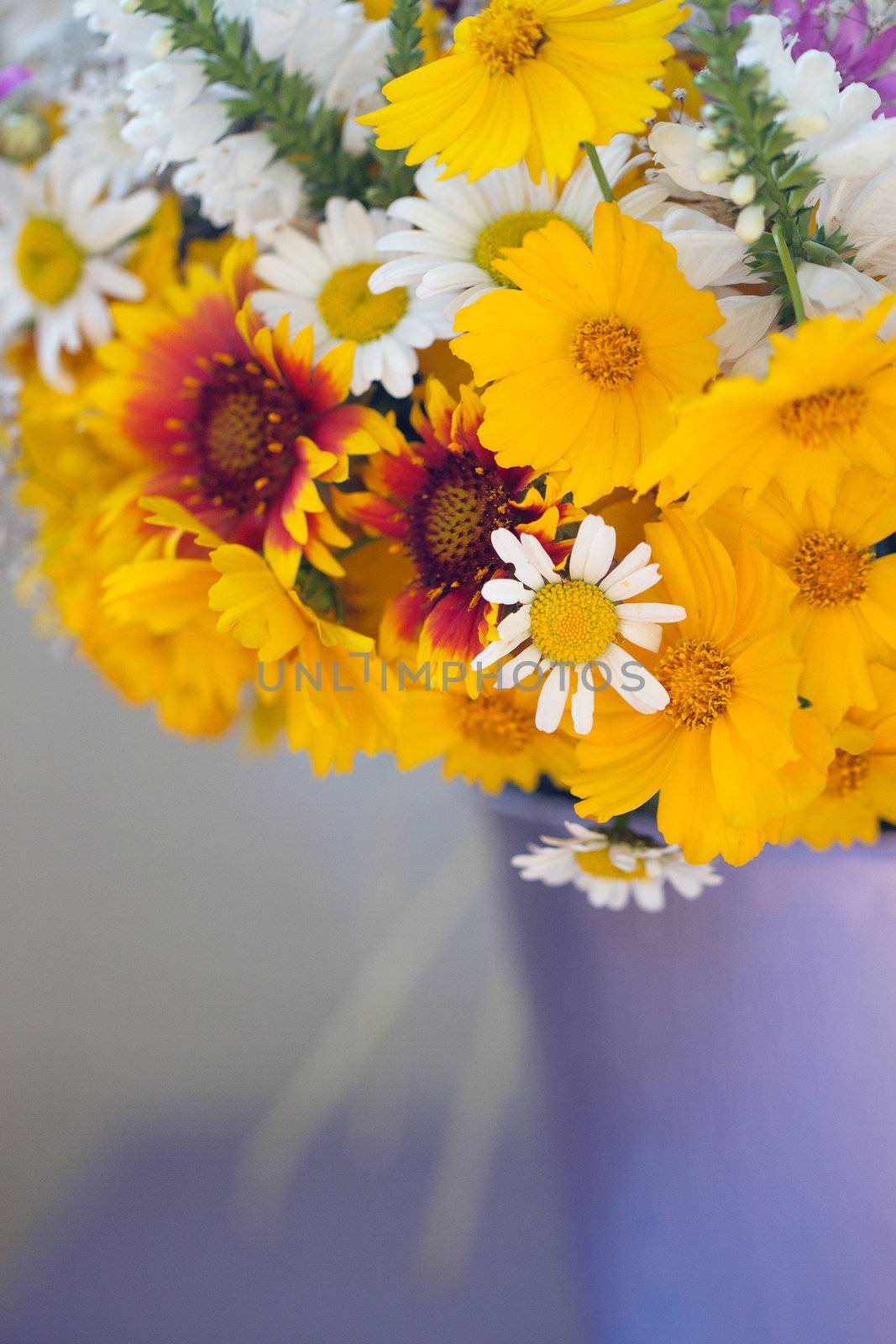 Beautiful bouquet of wild flowers in a purple bucket