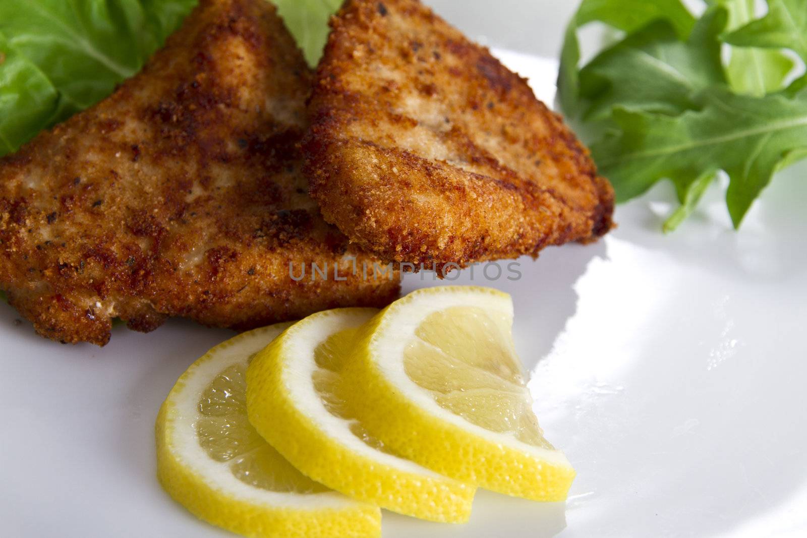 Breaded meat with lemon and salad by caldix