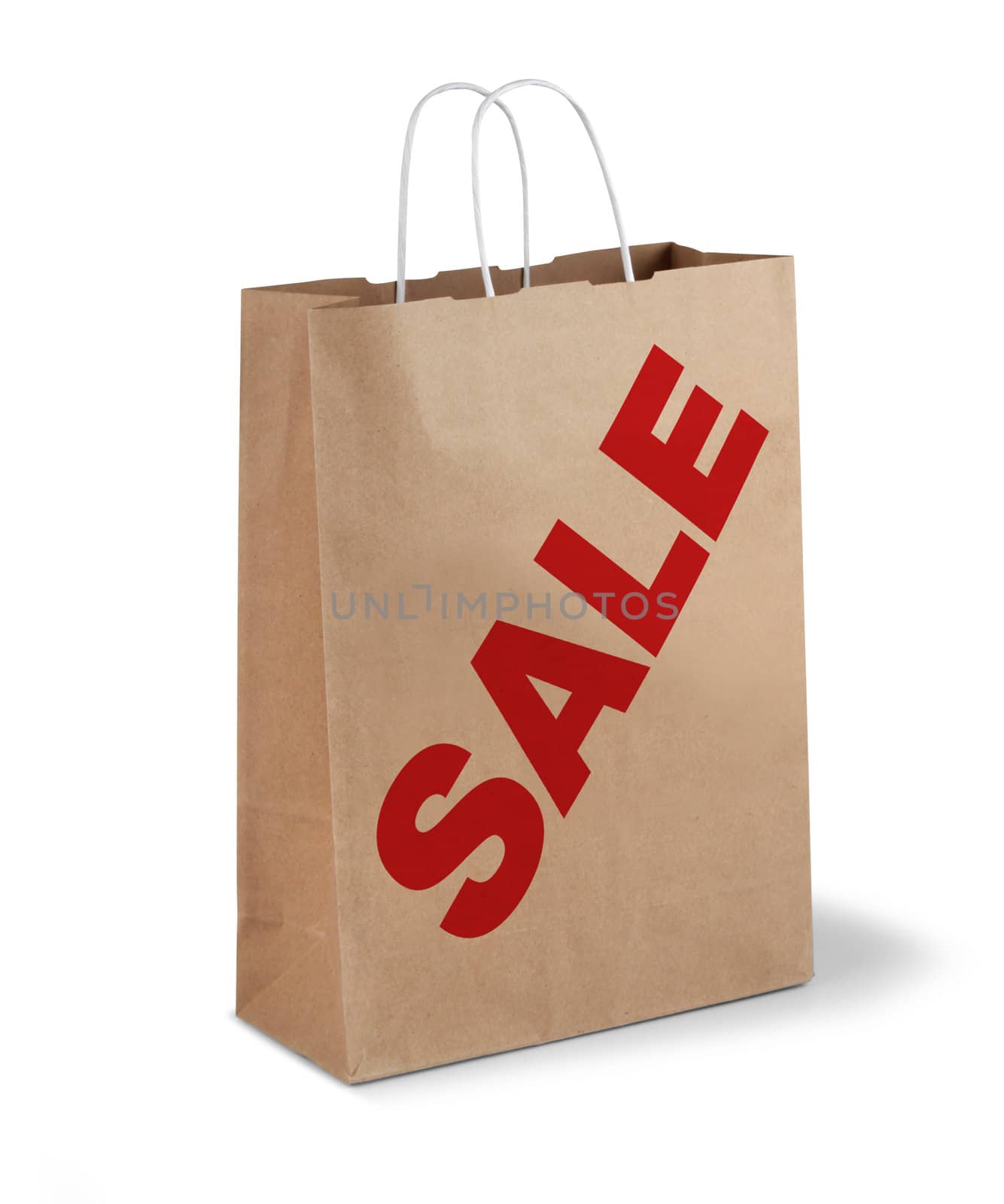 Brown shopping paper bag red sale text isolated