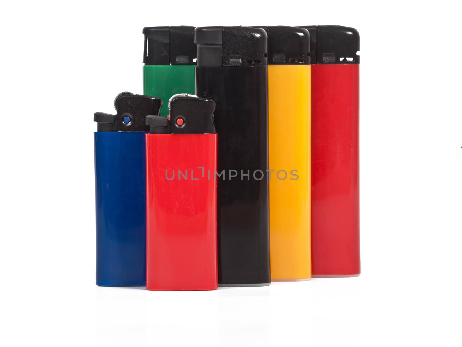 four colorful lighters, and two little lighters