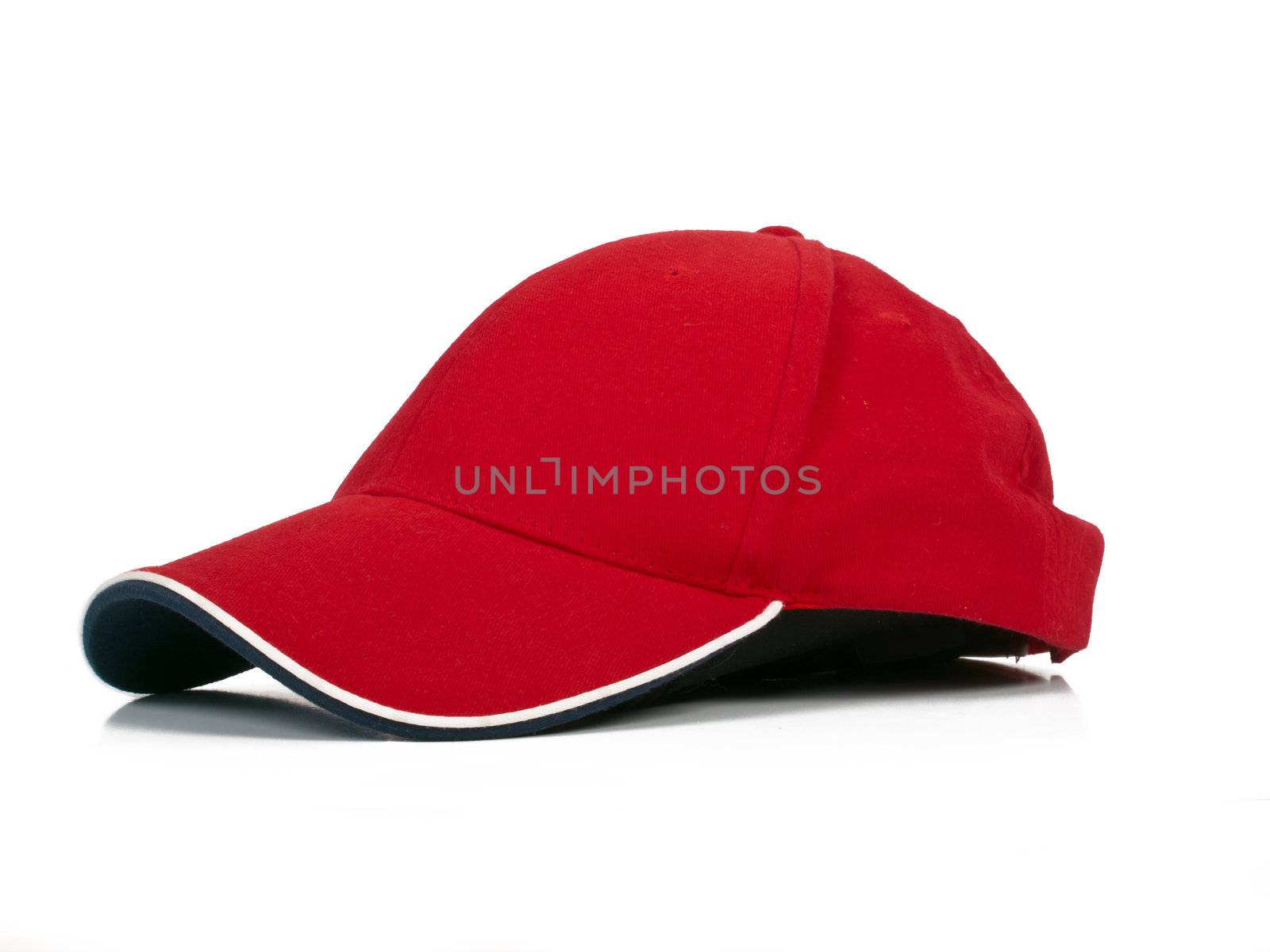 red baseball cap with white border and blue downside