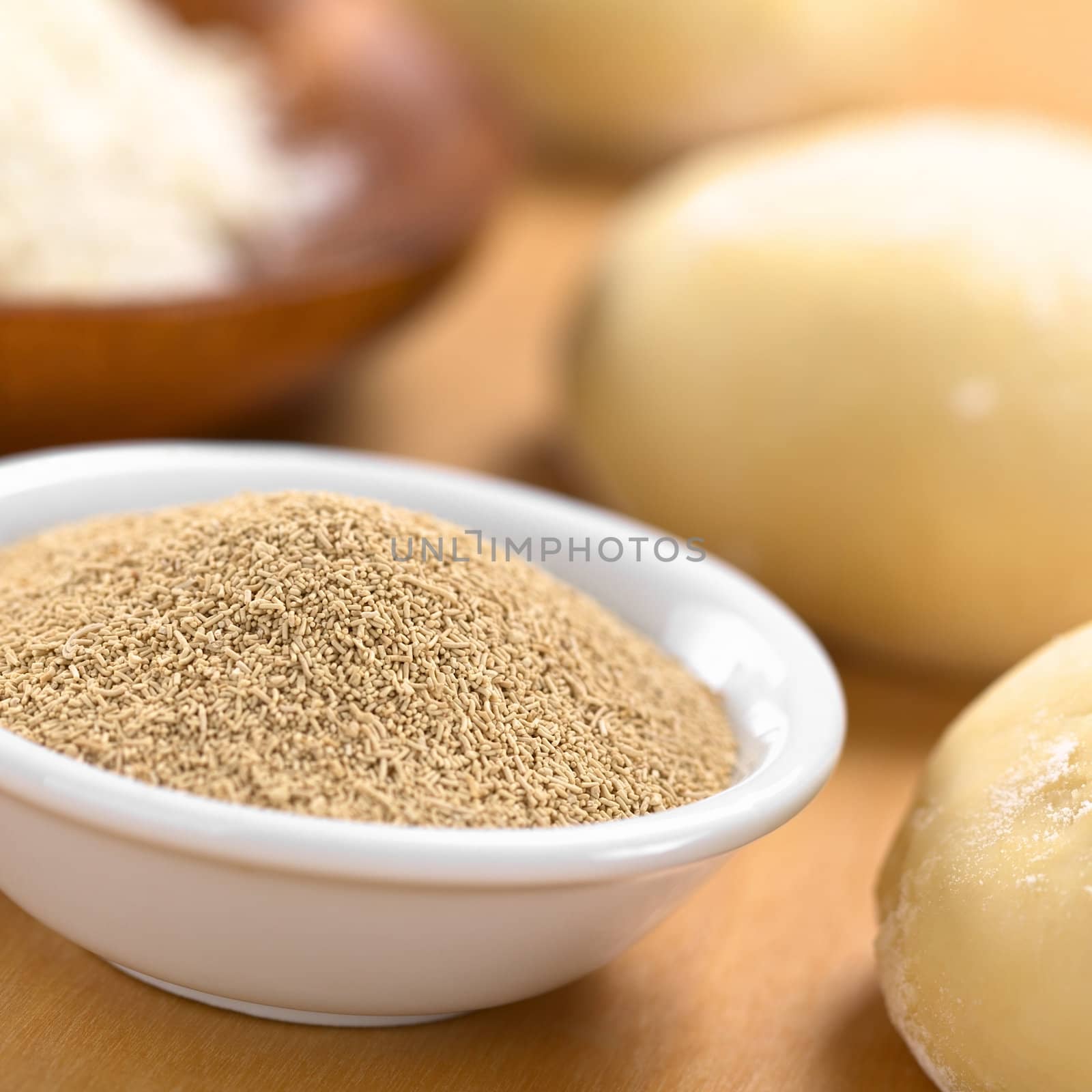 Active dry yeast in small bowl with flour and dough (Selective Focus, Focus in the middle of the dry yeast)  