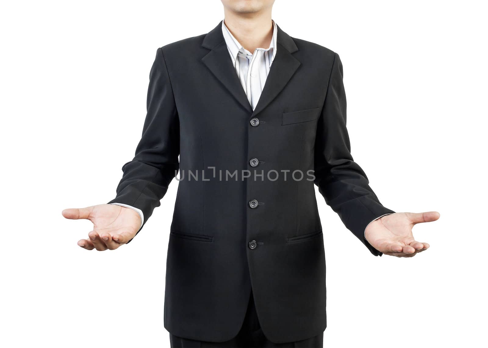 business man standing and presents on white background  by FrameAngel