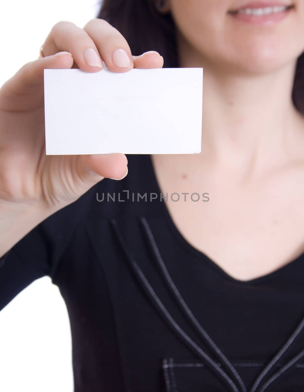 Girl in a business card - isolated over a white background