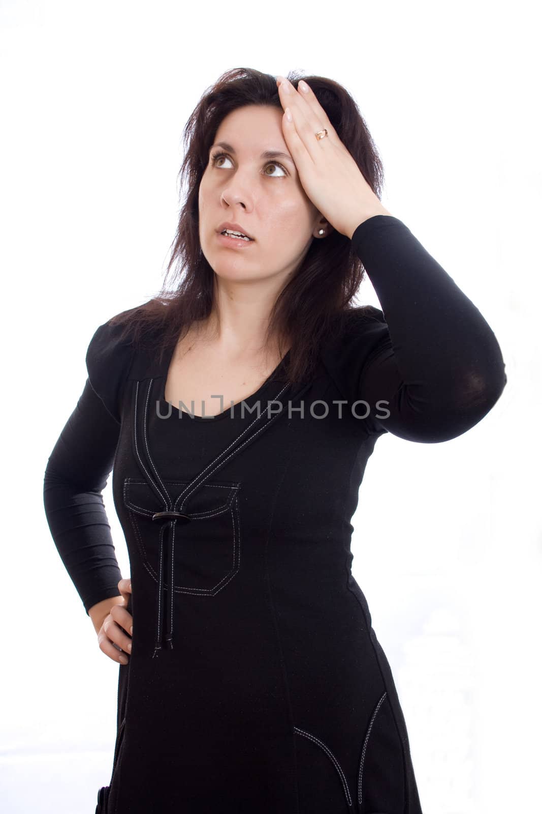 Business woman have a headache. Isolated over white background