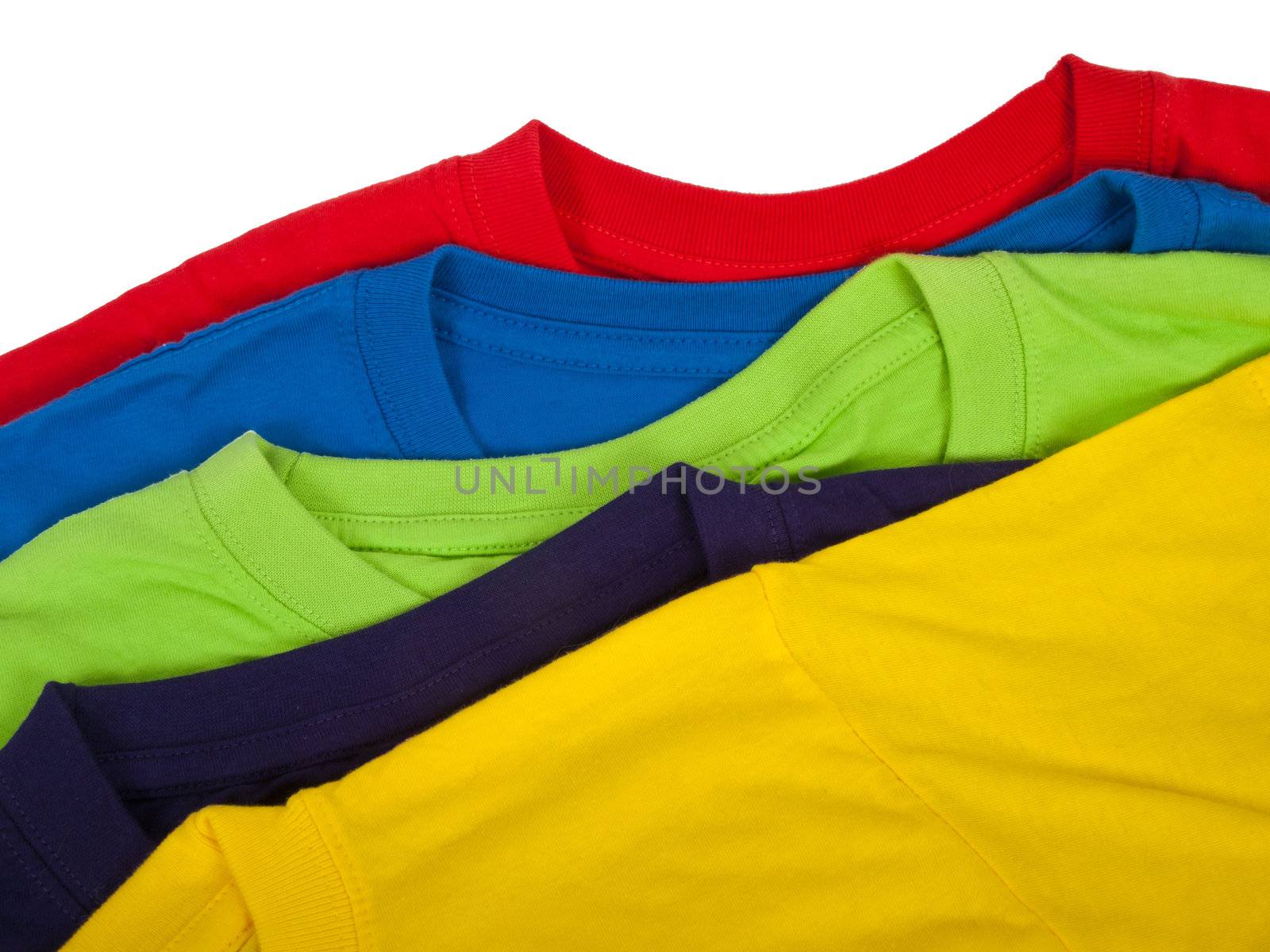 several colorful t-shirts isolated on white