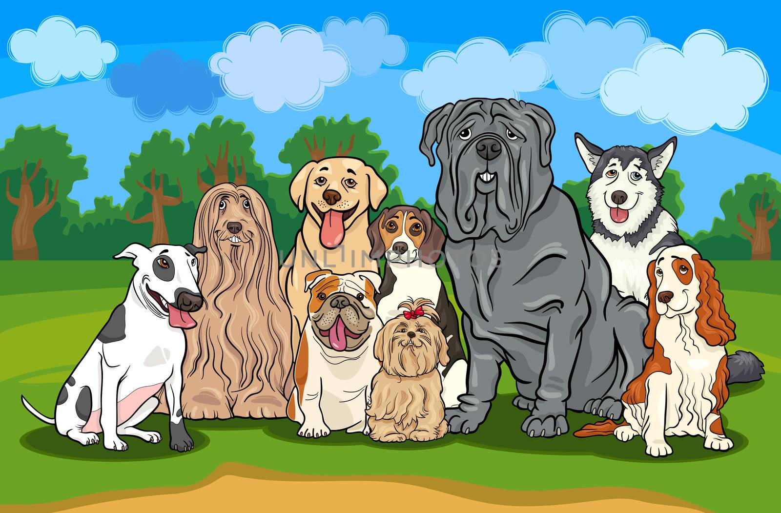 Cartoon Illustration of Funny Purebred Dogs or Puppies Group against Rural Landscape with Blue Sky