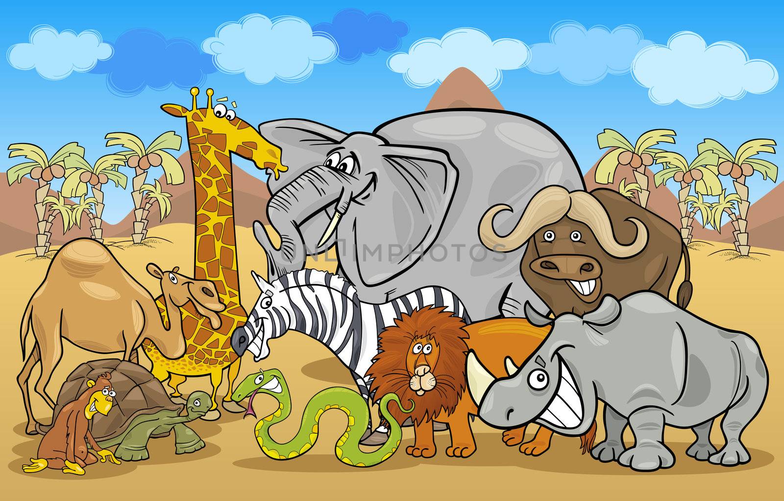 Cartoon Illustration of Funny Safari Wild Animals Group against Blue Sky and African Landscape