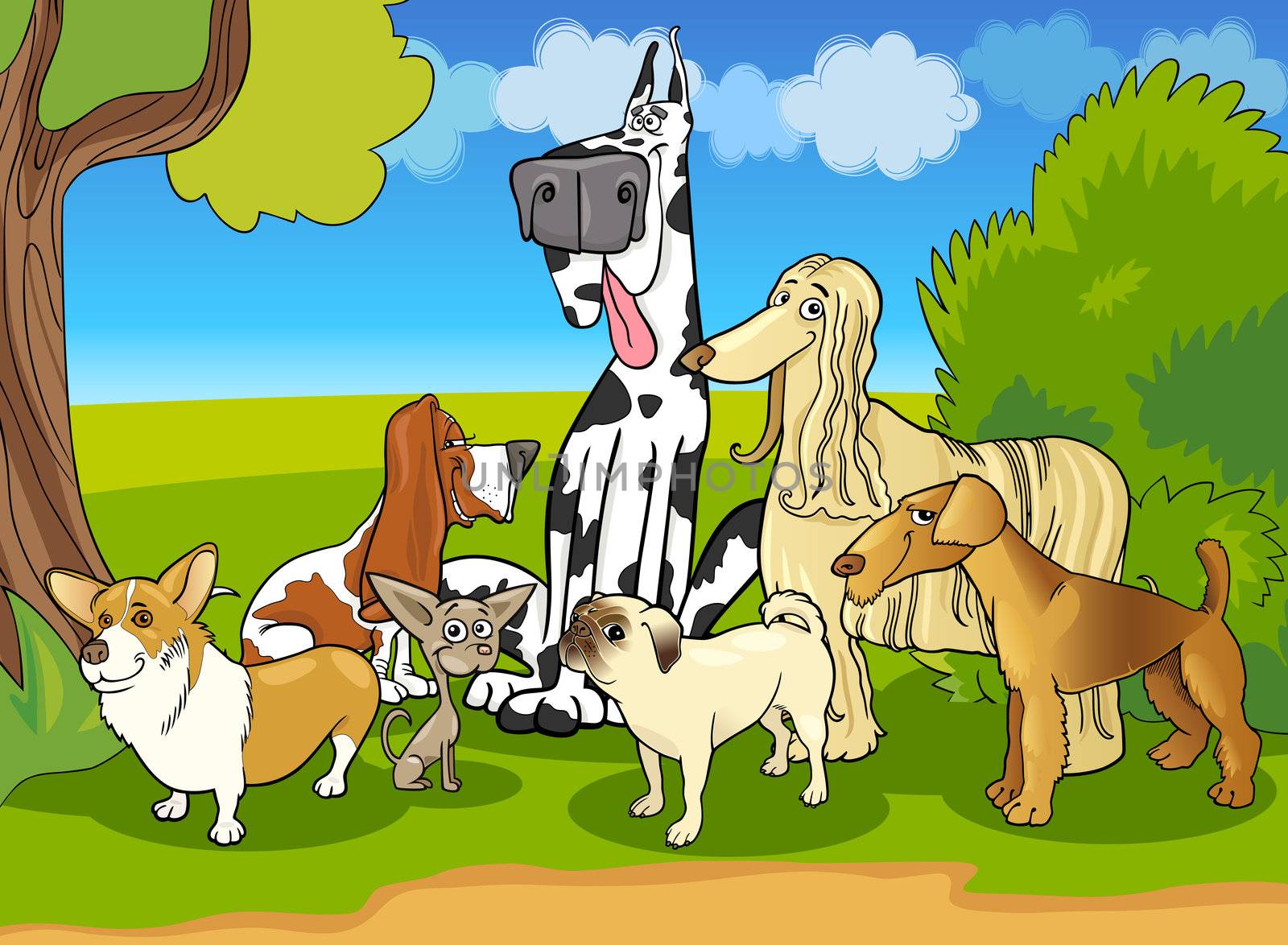 Cartoon Illustration of Cute Purebred Dogs or Puppies Group against Rural Scene with Blue Sky