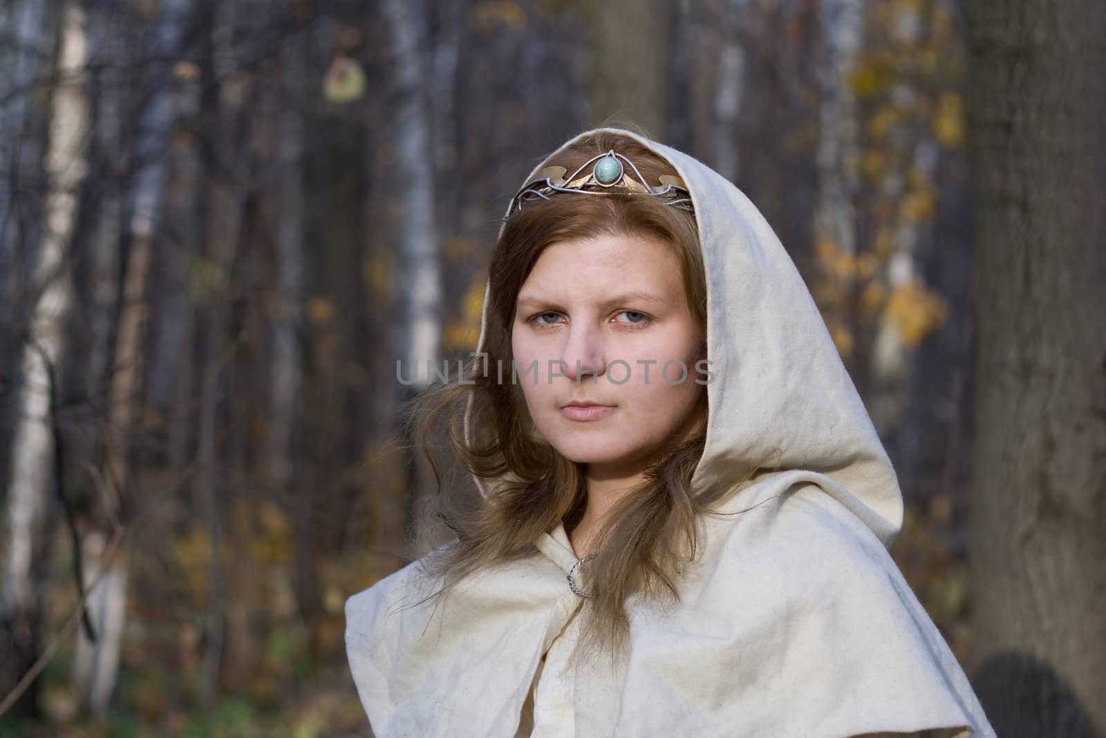 Portrait of the romantic girl in autumn forest