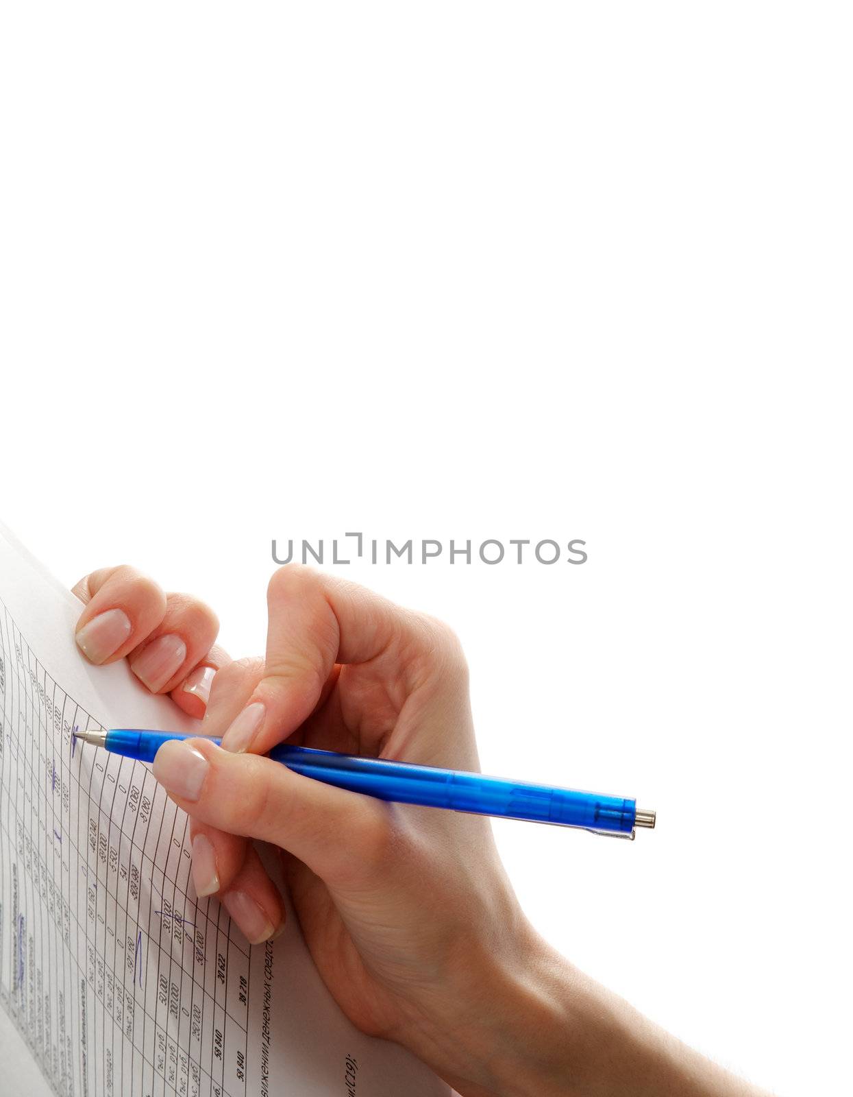 Female Writing Notes in Report closeup on white background