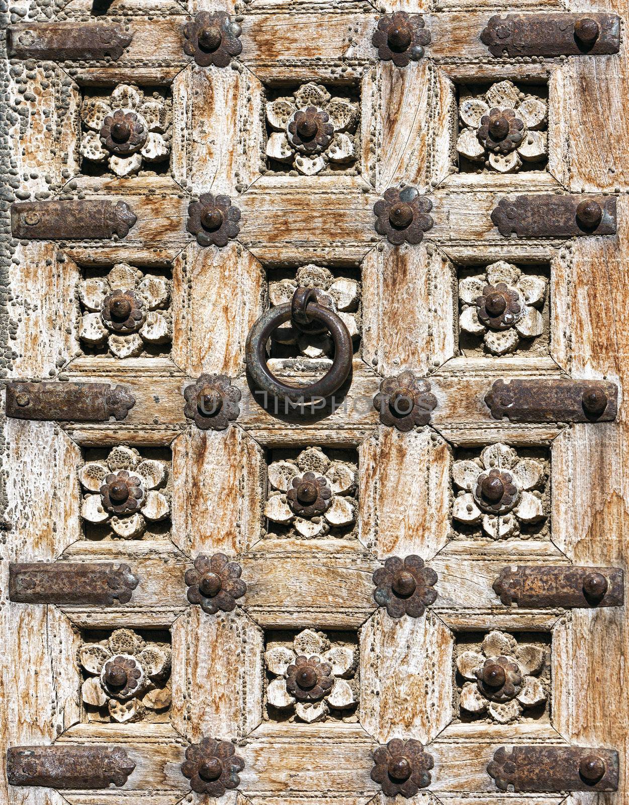 Old wooden door with floral decoration. Fragment. Rajasthan,India