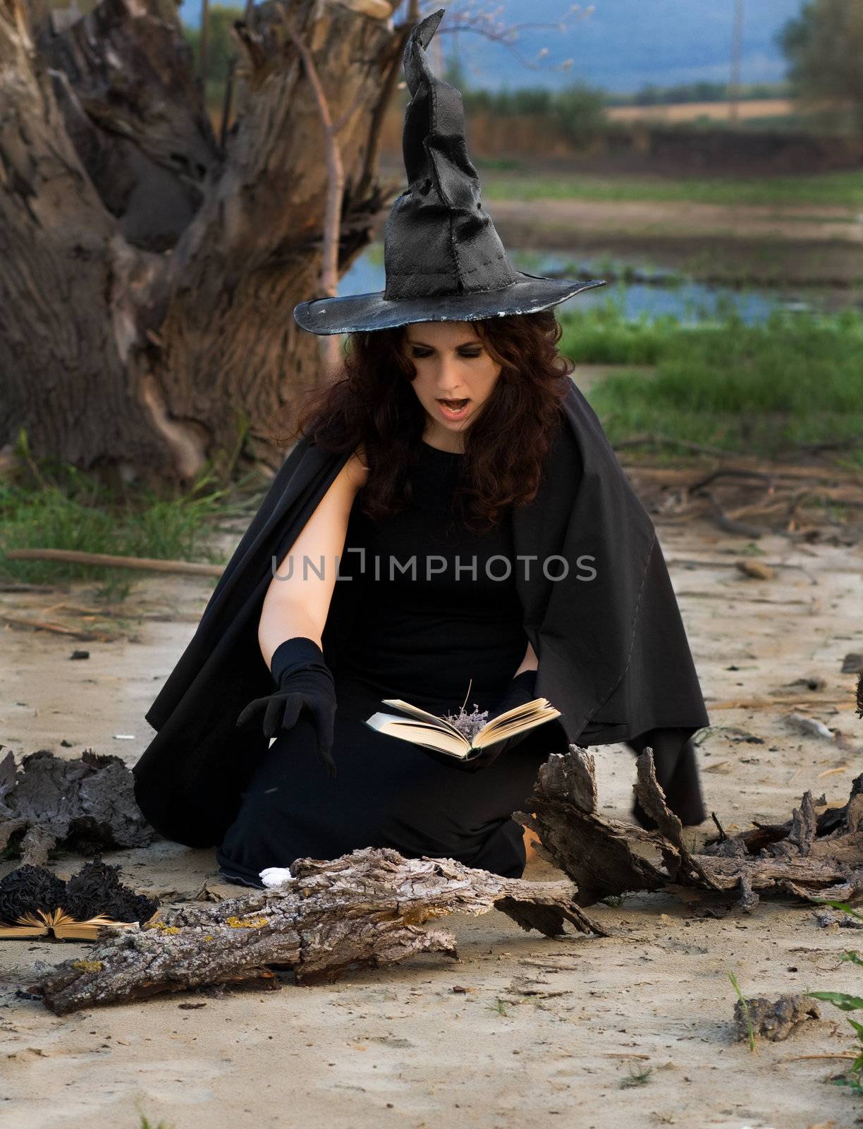 Witch conjures spells vychityvaya pronouncing them in a book
