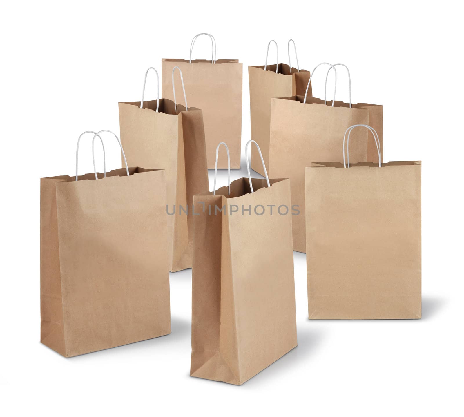 Seven shopping paper bags of the week isolated on white background