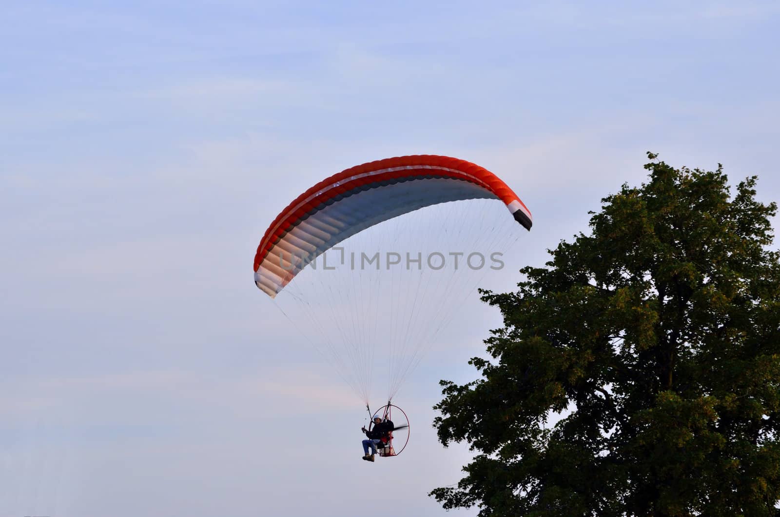 Photo shows a paraglider flies on a background of blue sky.