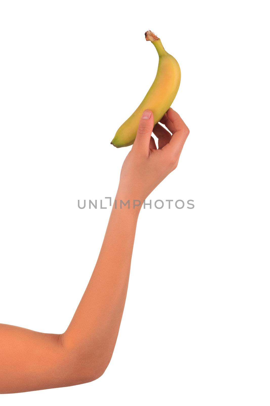 Woman's hands with banana isolated over white background