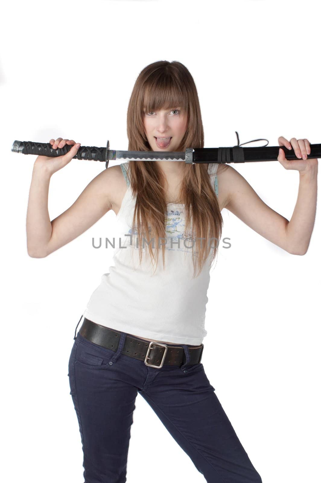 Beautiful blonde lady with japanese sword isolated