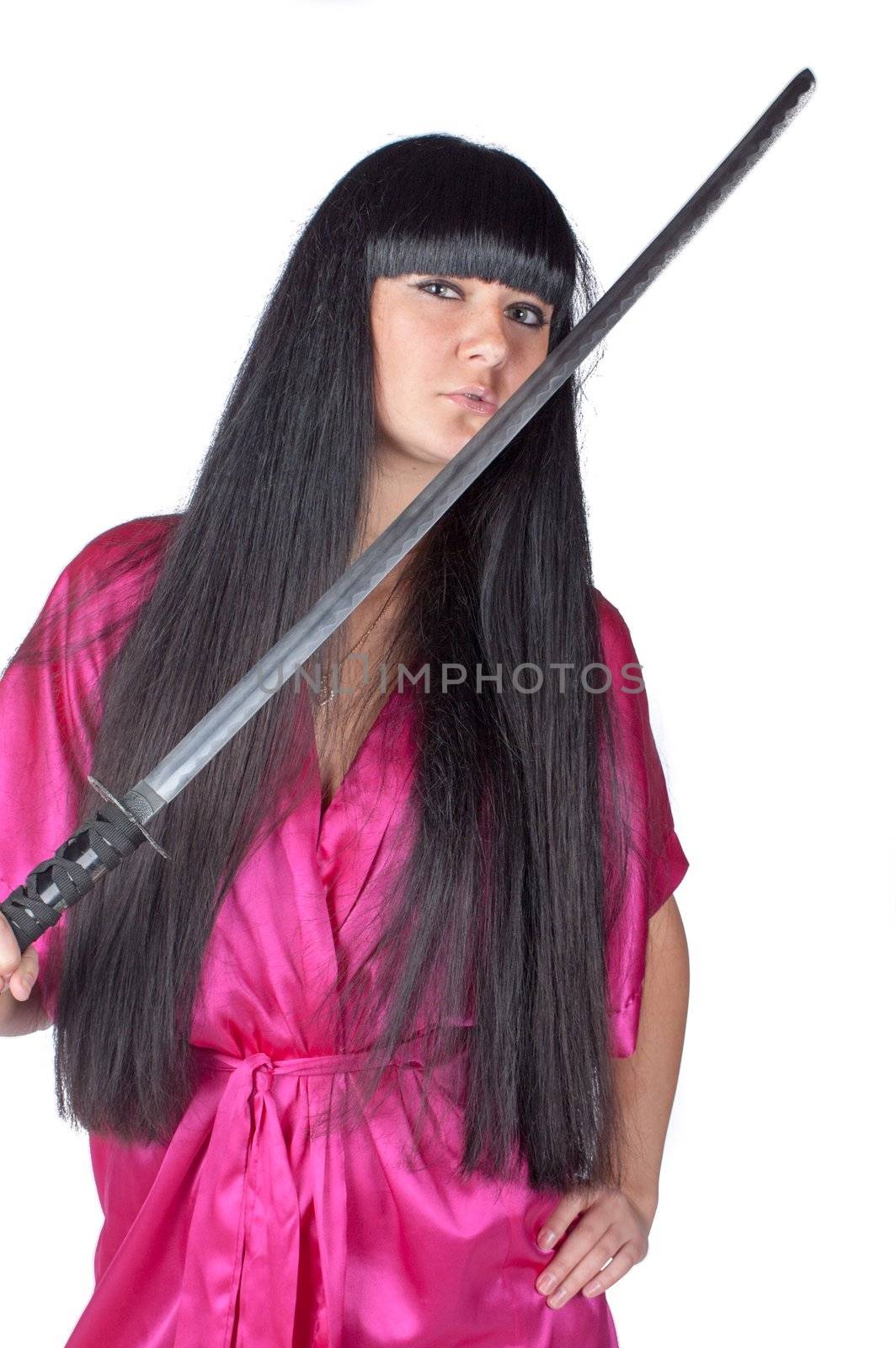 woman holding traditional japanese sword katana isolated on white