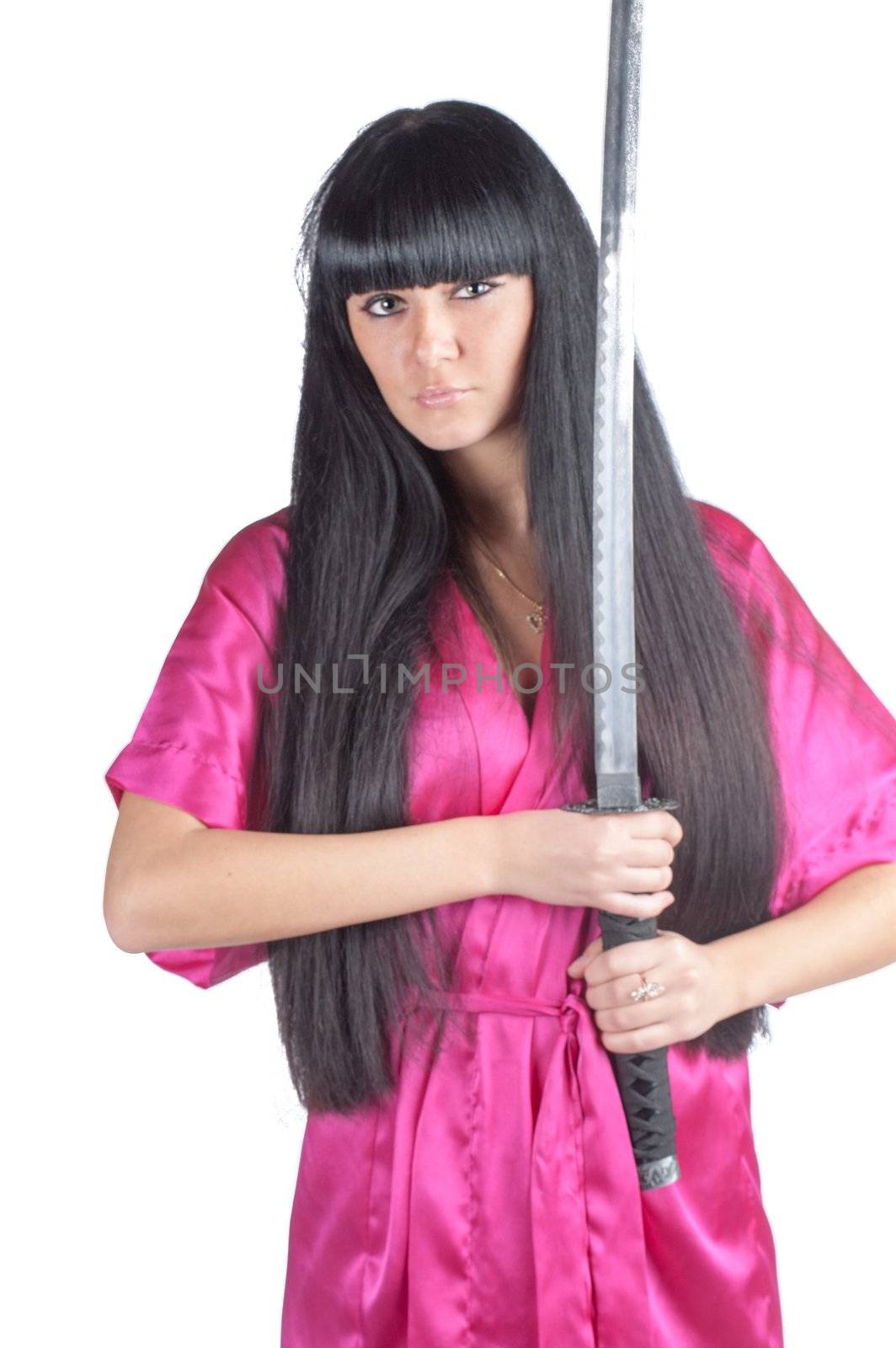 woman holding traditional japanese sword katana isolated on white