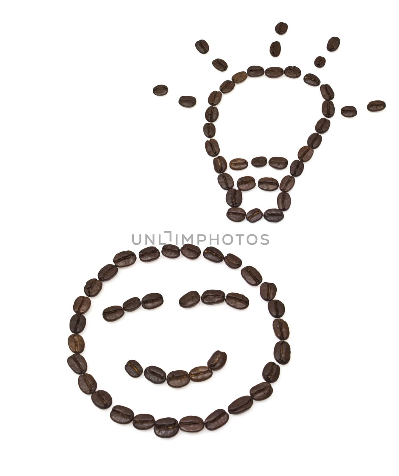 Smile shaped coffee beans isolated on white background.The concept is that A good cup of coffee.