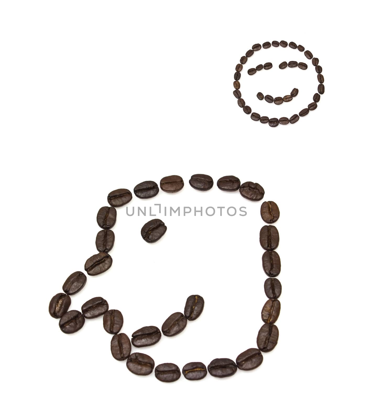 Smile shaped coffee beans isolated on white background.The concept is that A good cup of coffee.