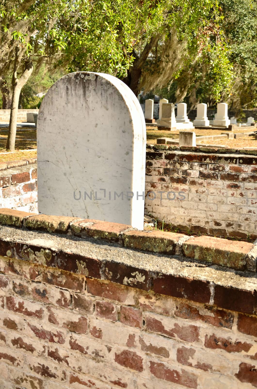 Traditionally shaped tombstone stands out in this old cemetery
