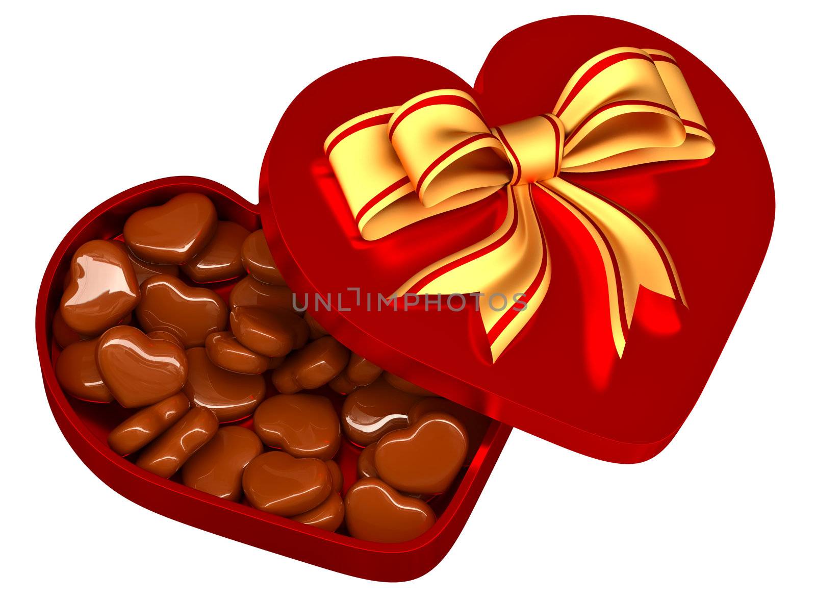 Allsorts milk chocolate in the form of heart in a red box with a golden bow as a sweet gift for perfect Valentine's Day.