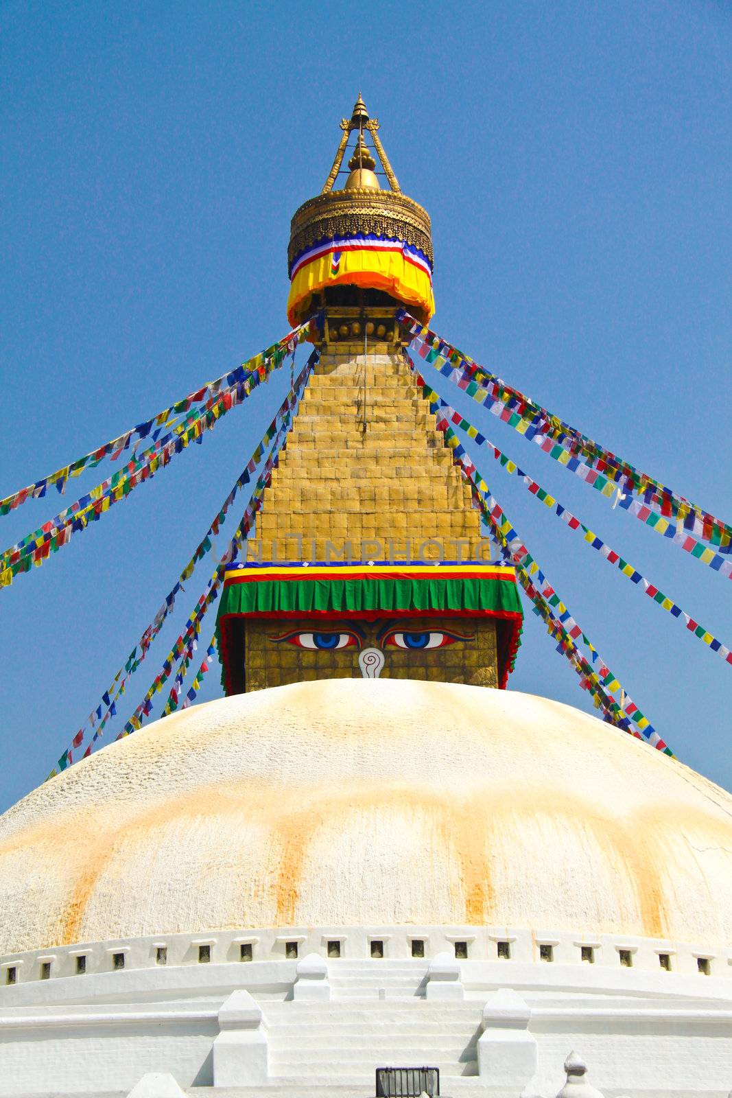 Stupa of the swayambhunath temple with blue sky in kathmandu, Ne by nuchylee