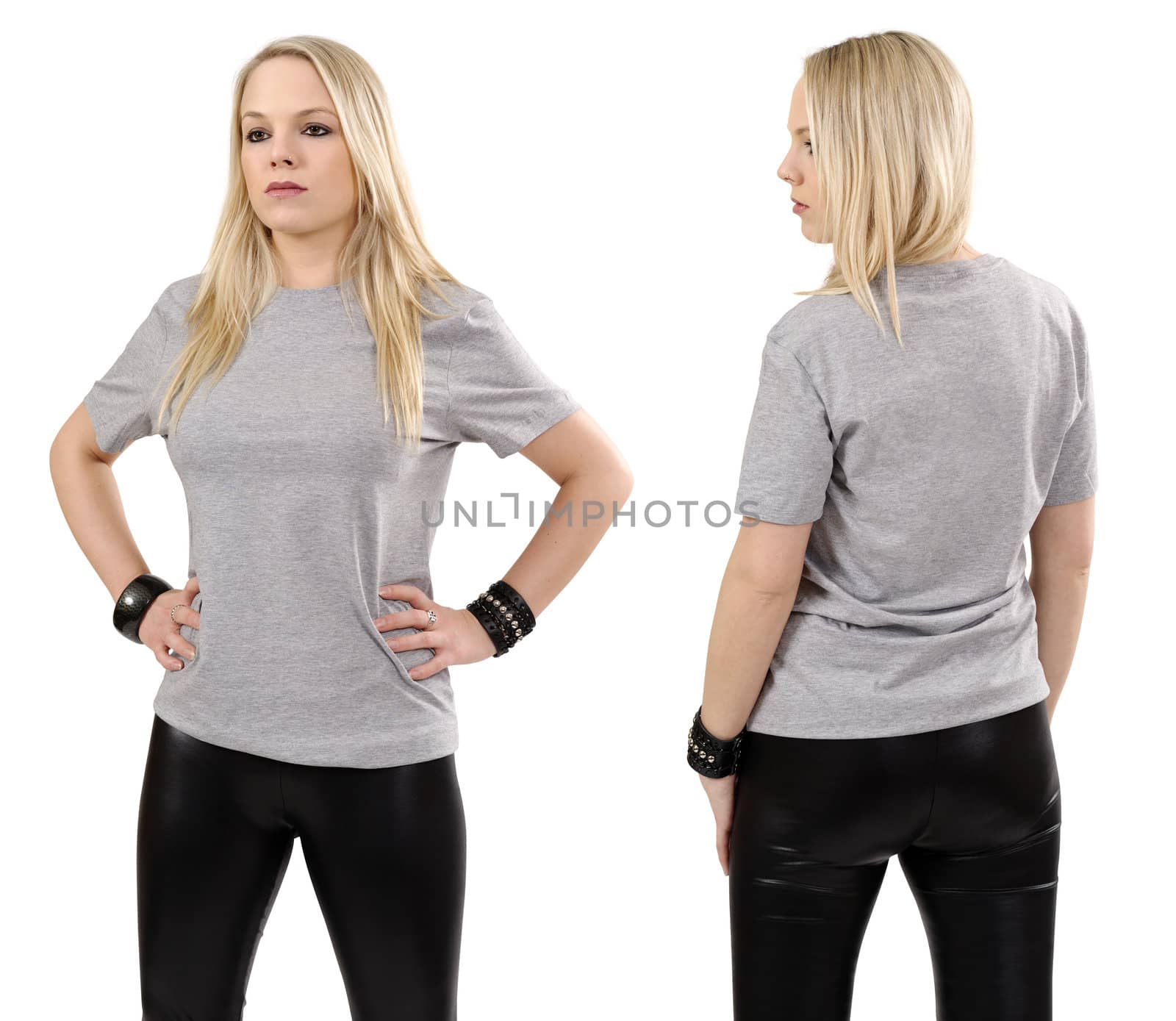 Young beautiful blond female posing with a blank gray t-shirt, front and back view. Ready for your design or artwork.